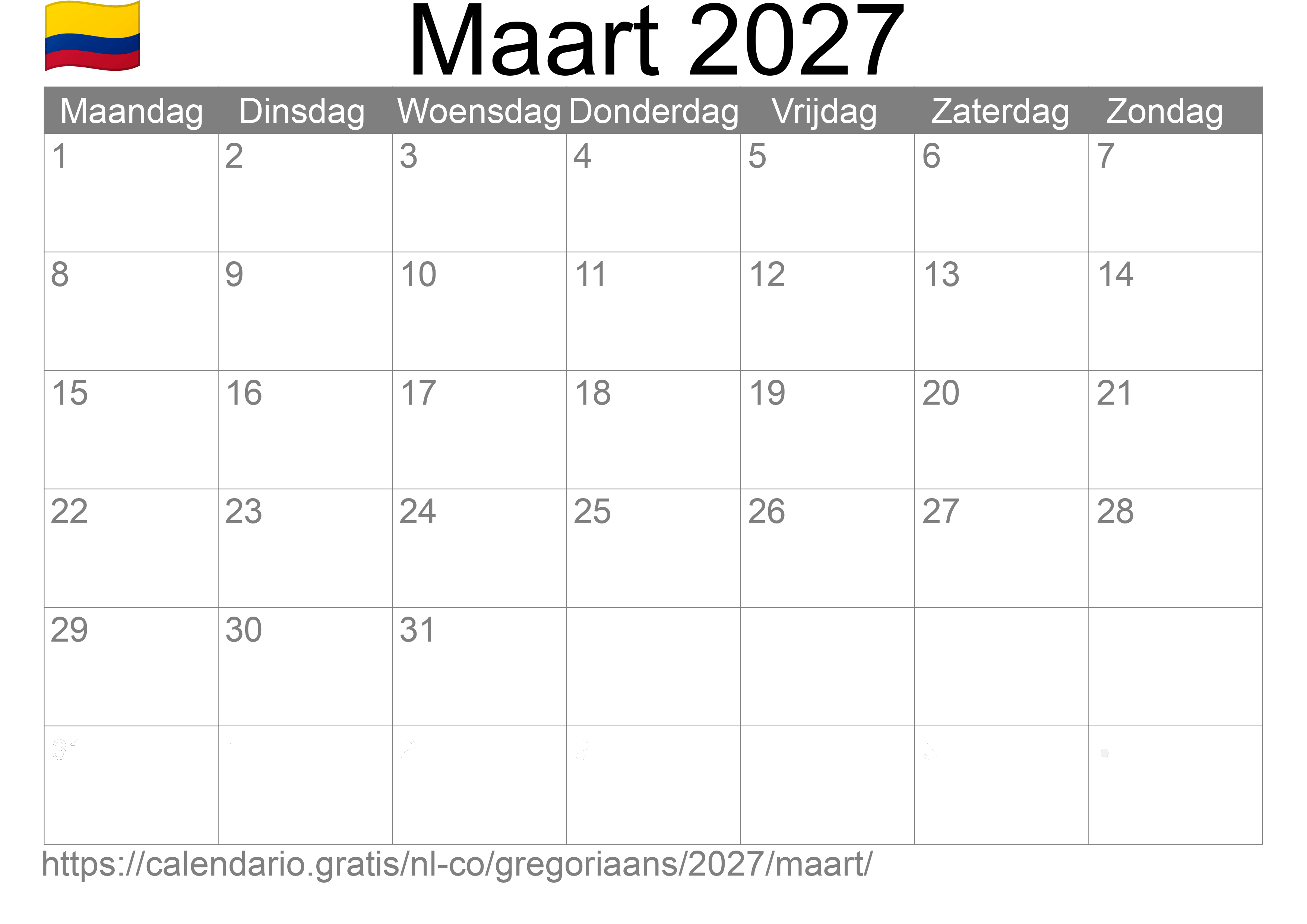 Kalender Maart 2027 om af te drukken