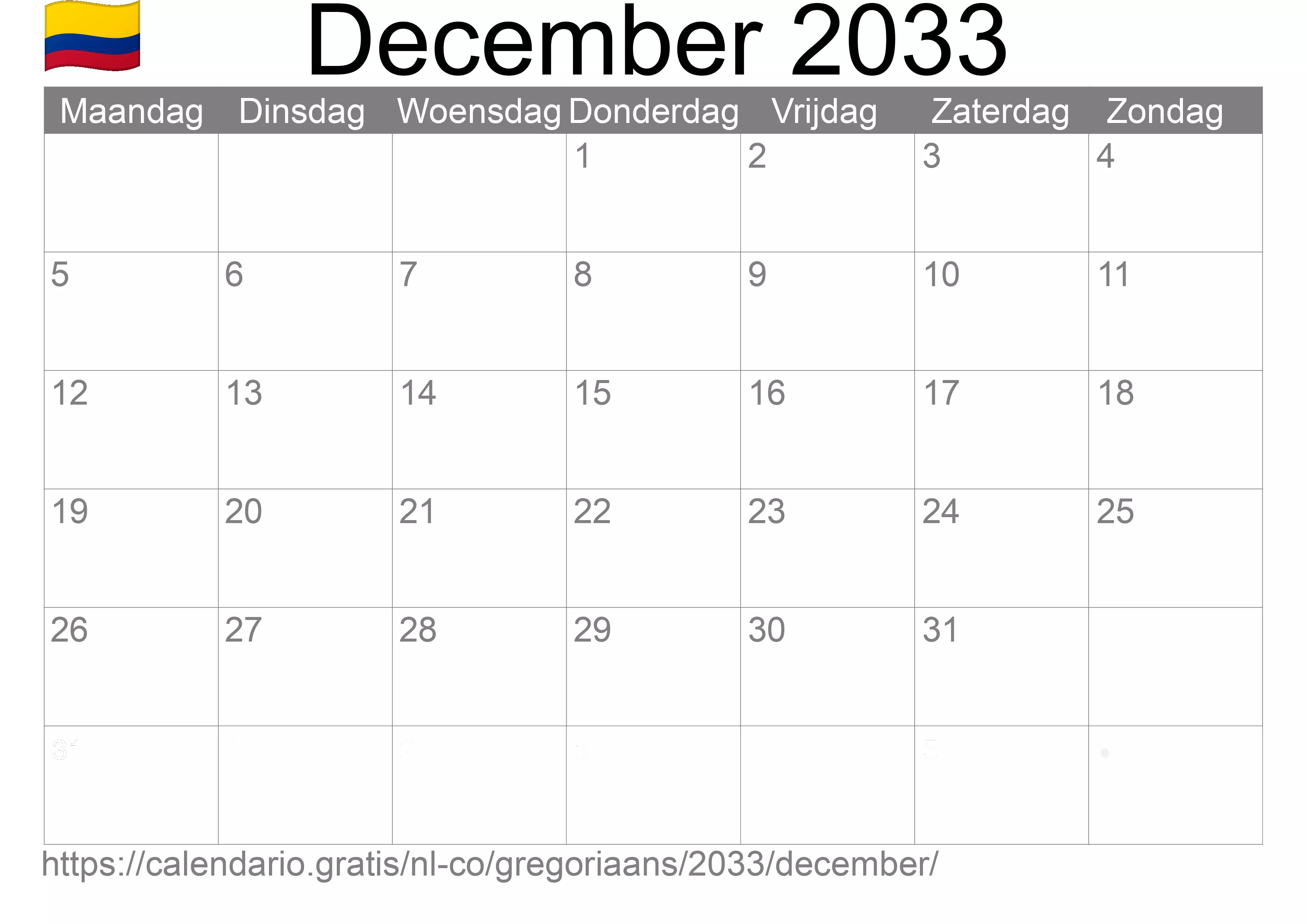 Kalender December 2033 om af te drukken (Colombia)