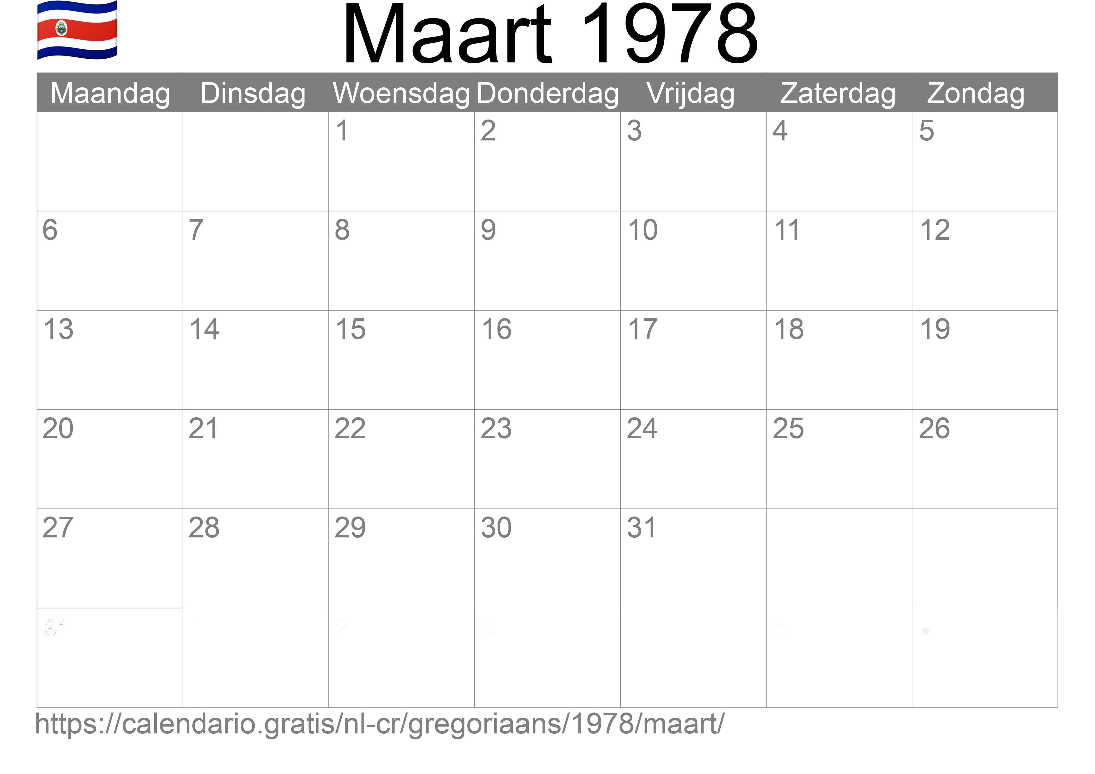 Kalender Maart 1978 om af te drukken