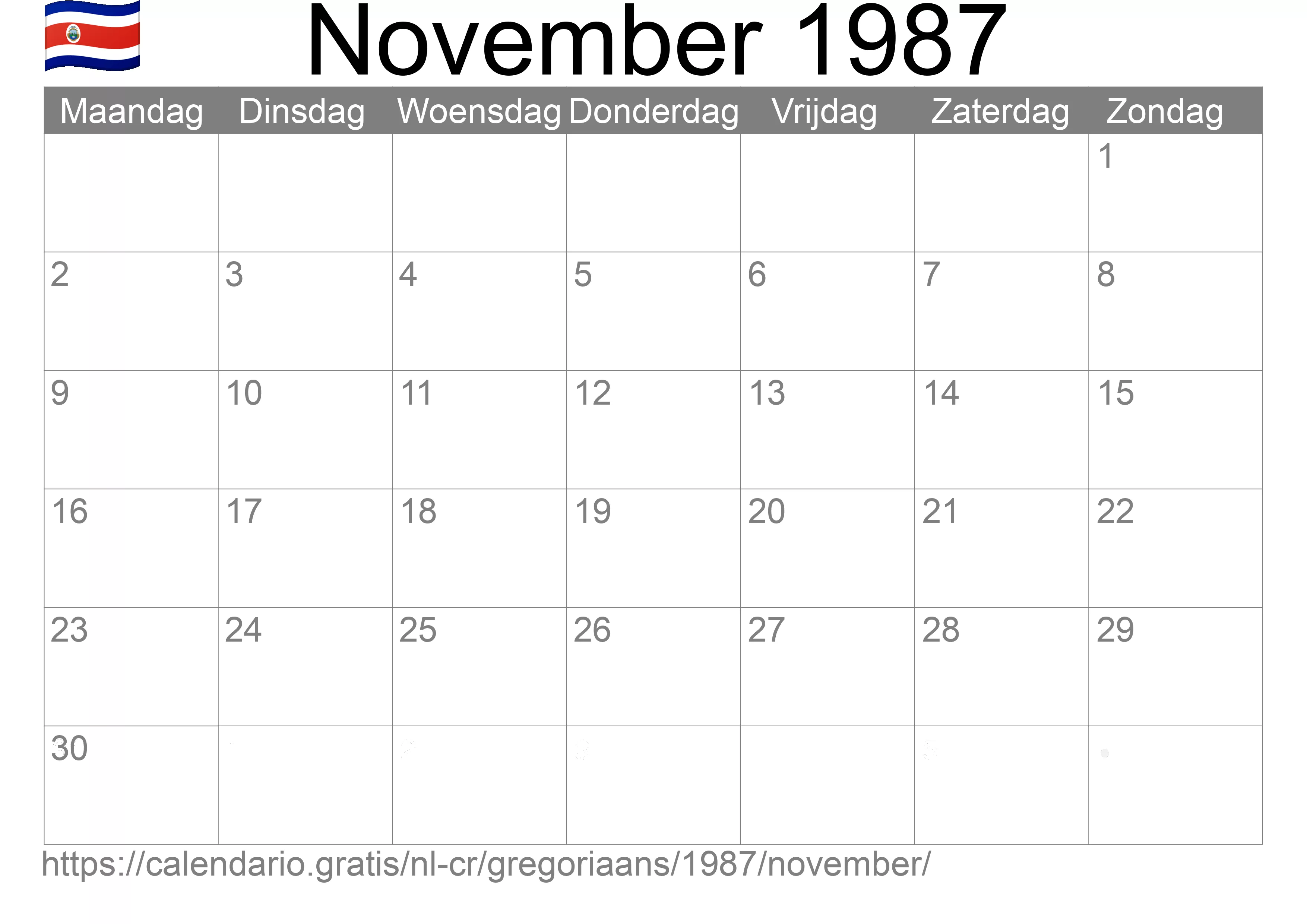 Kalender November 1987 om af te drukken (Costa Rica)