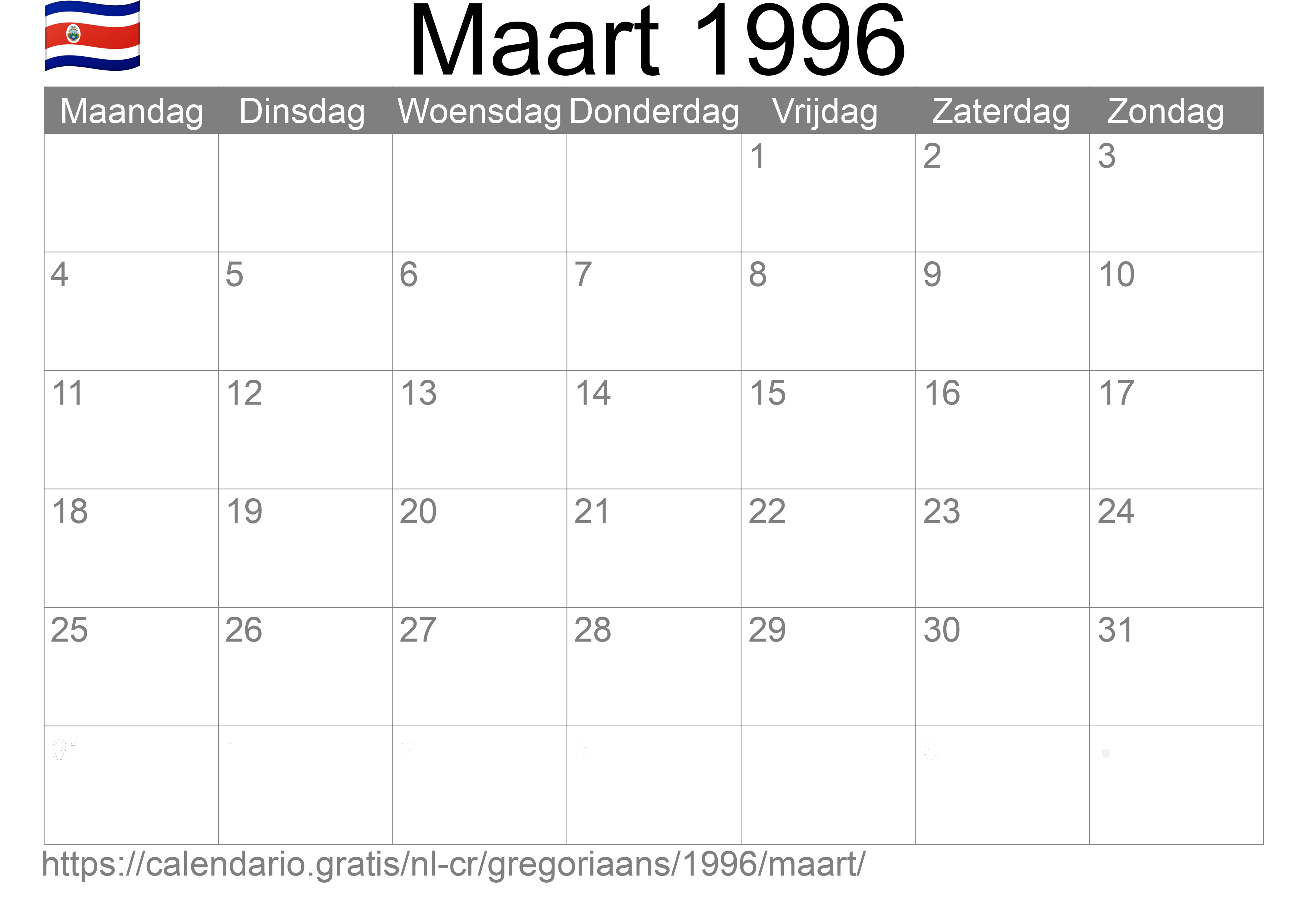 Kalender Maart 1996 om af te drukken