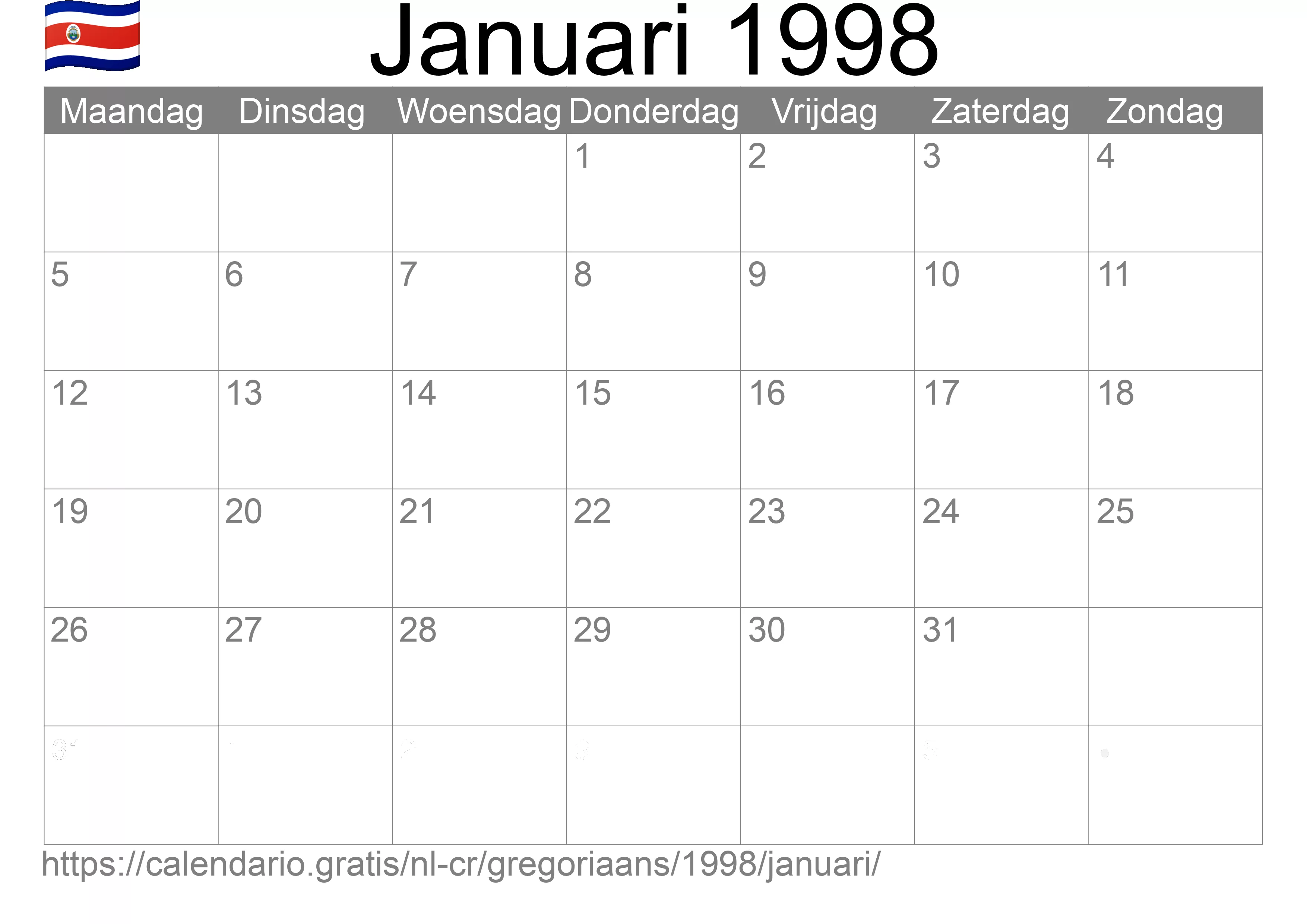 Kalender Januari 1998 om af te drukken (Costa Rica)