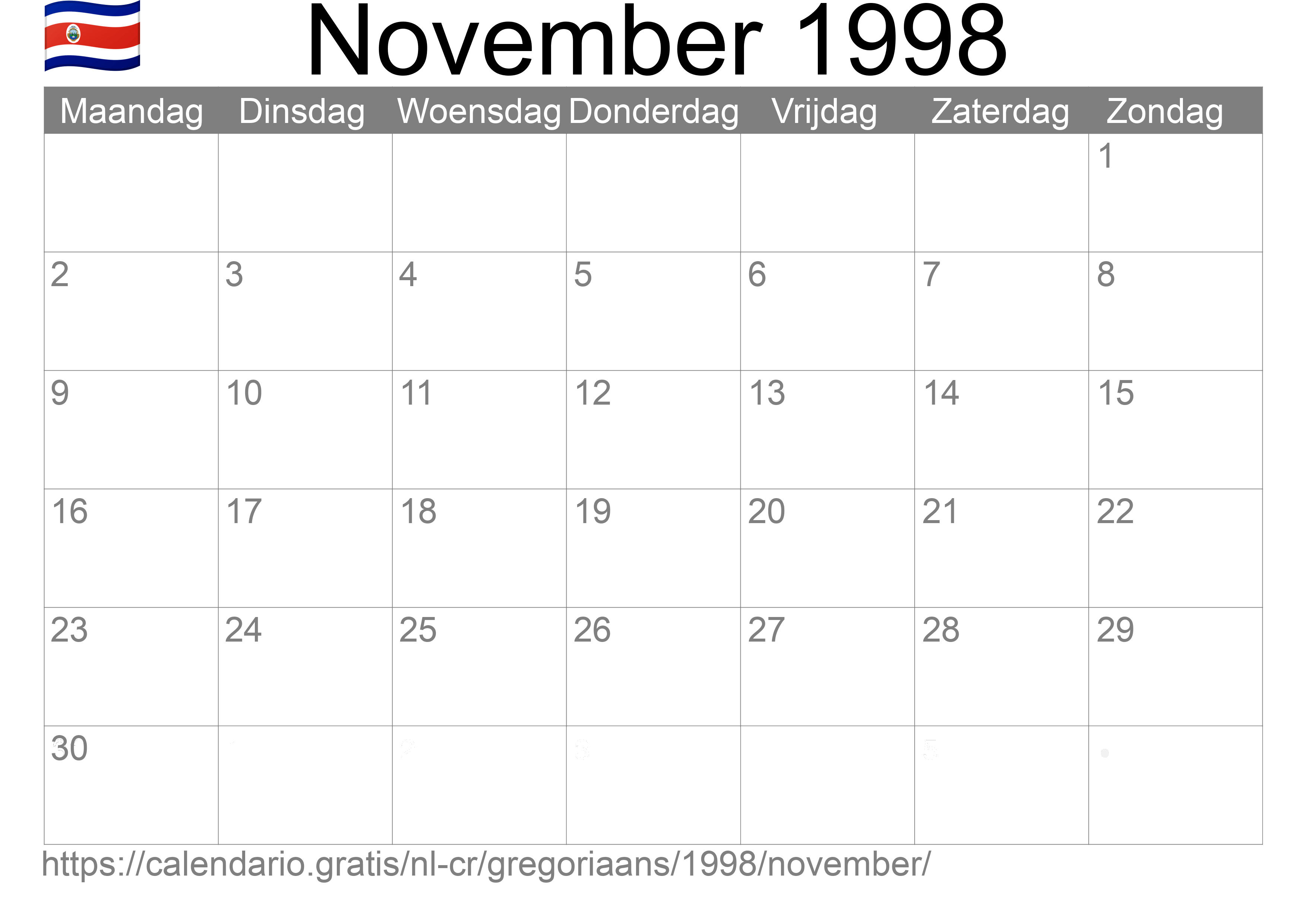 Kalender November 1998 om af te drukken