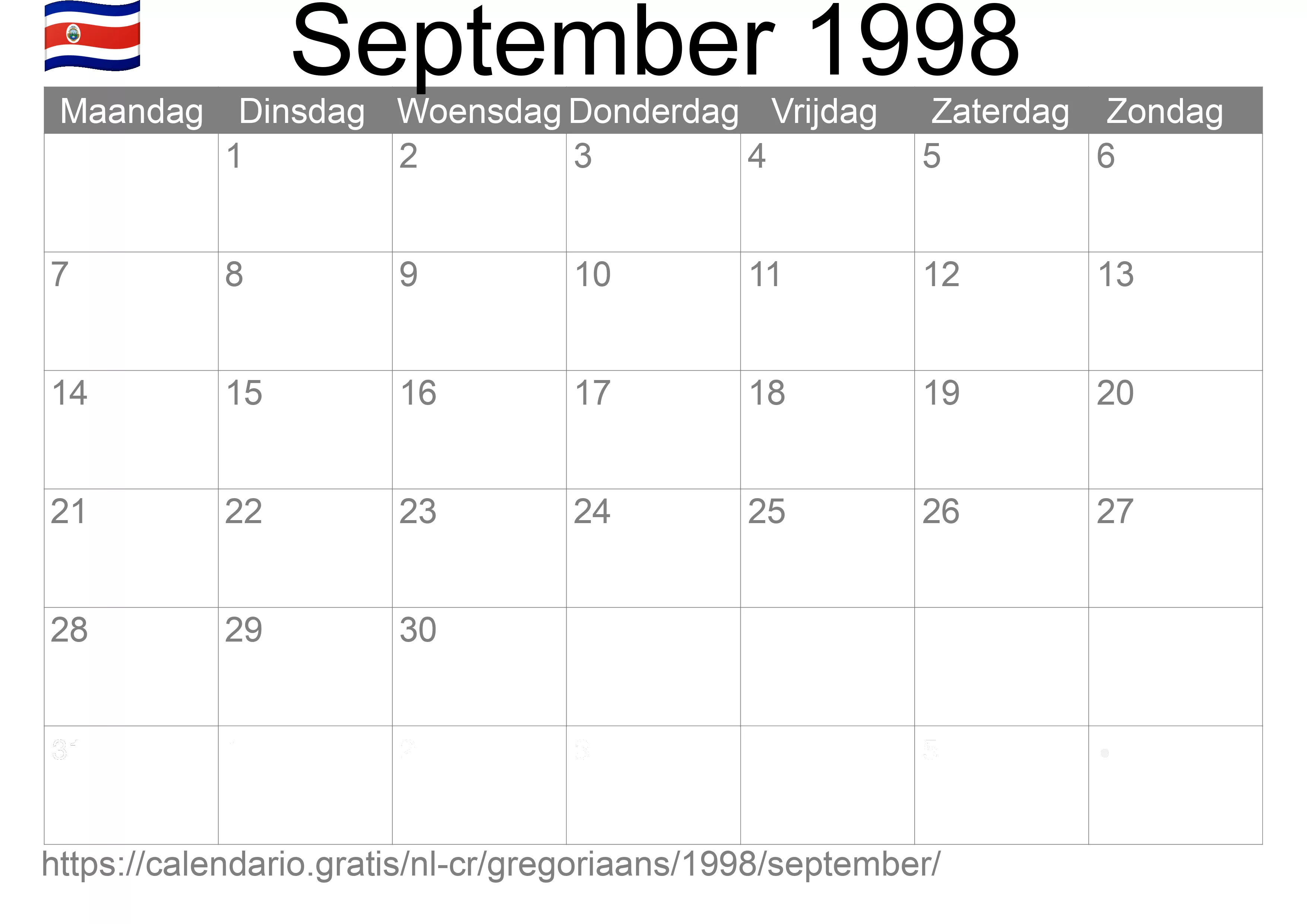 Kalender September 1998 om af te drukken (Costa Rica)