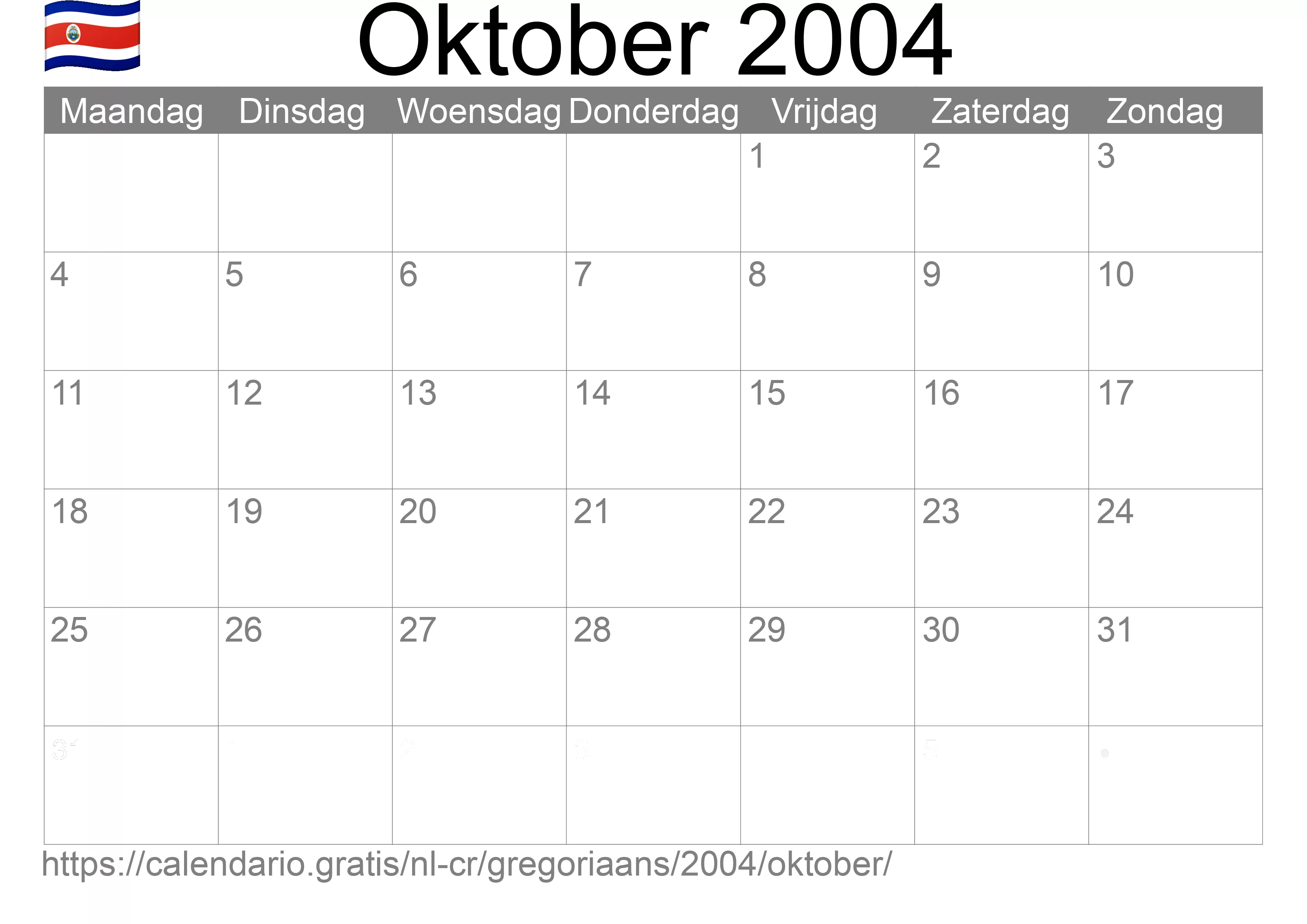 Kalender Oktober 2004 om af te drukken (Costa Rica)