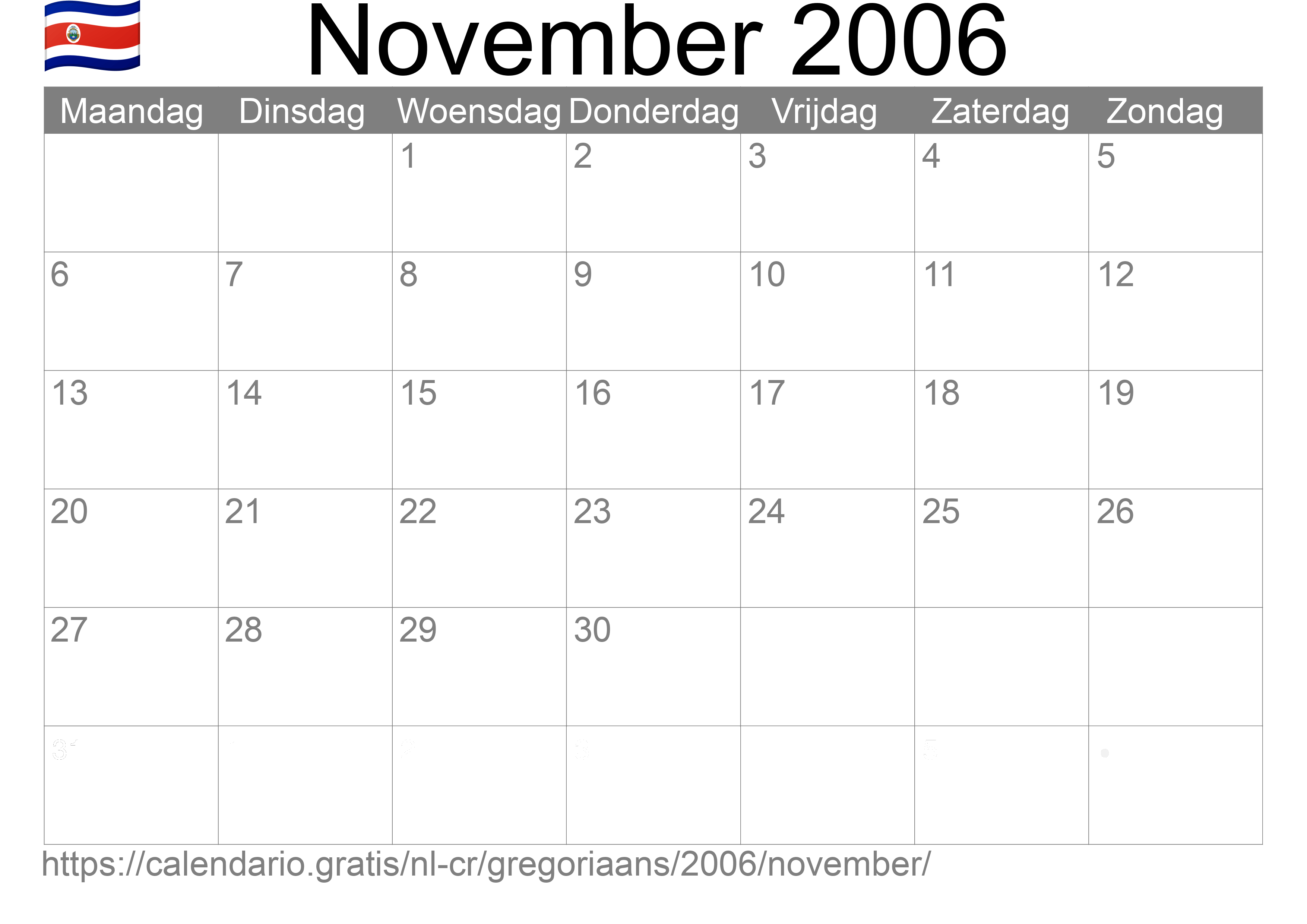 Kalender November 2006 om af te drukken