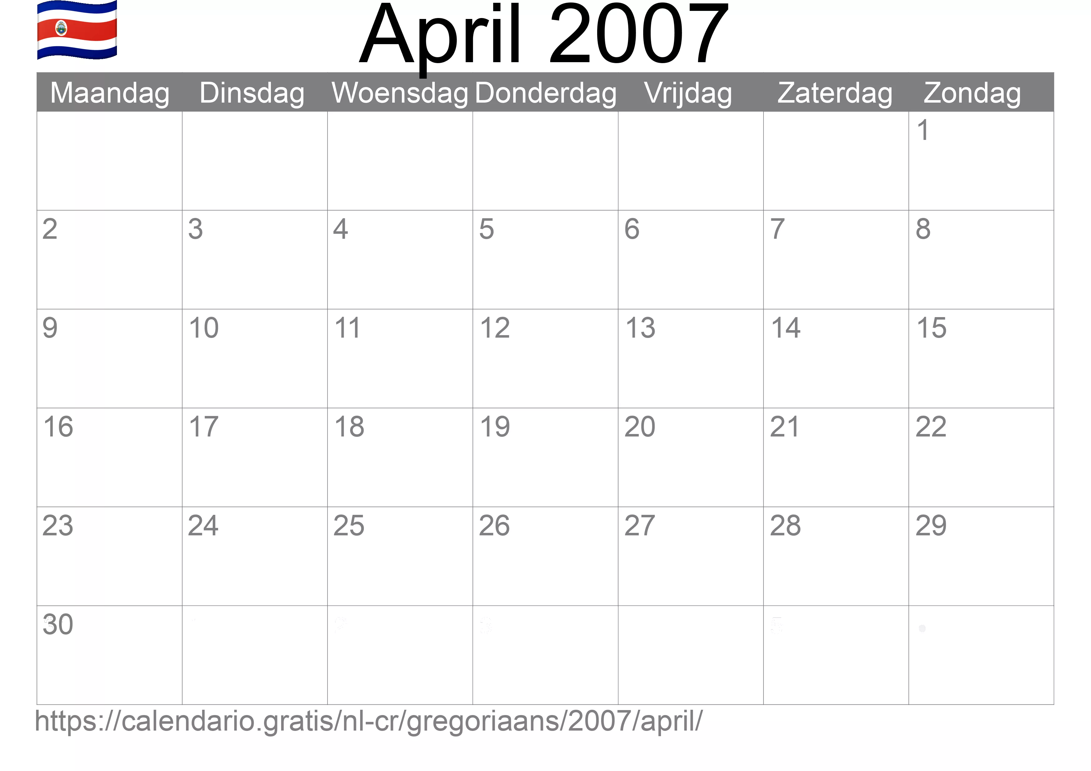 Kalender April 2007 om af te drukken (Costa Rica)