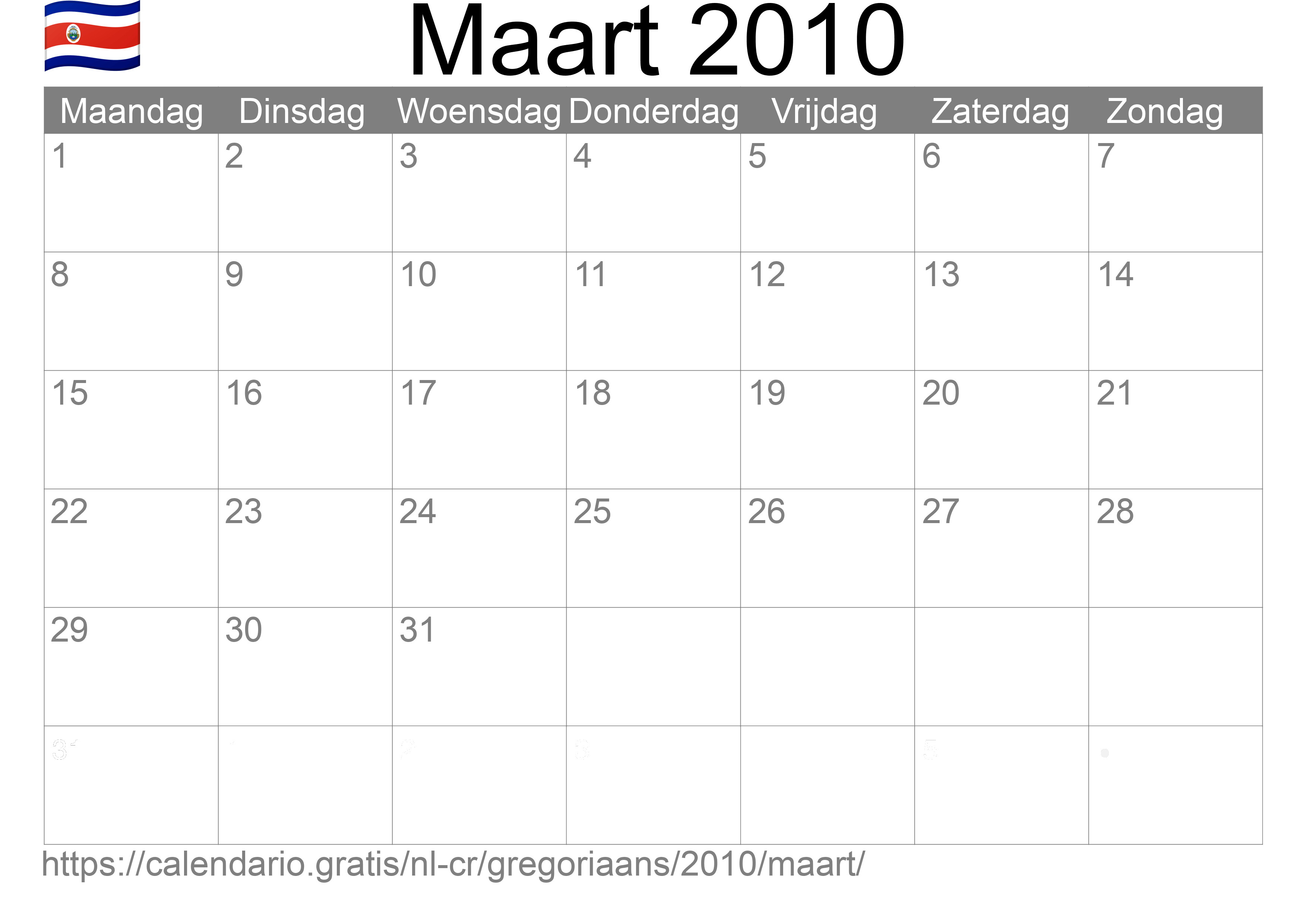 Kalender Maart 2010 om af te drukken