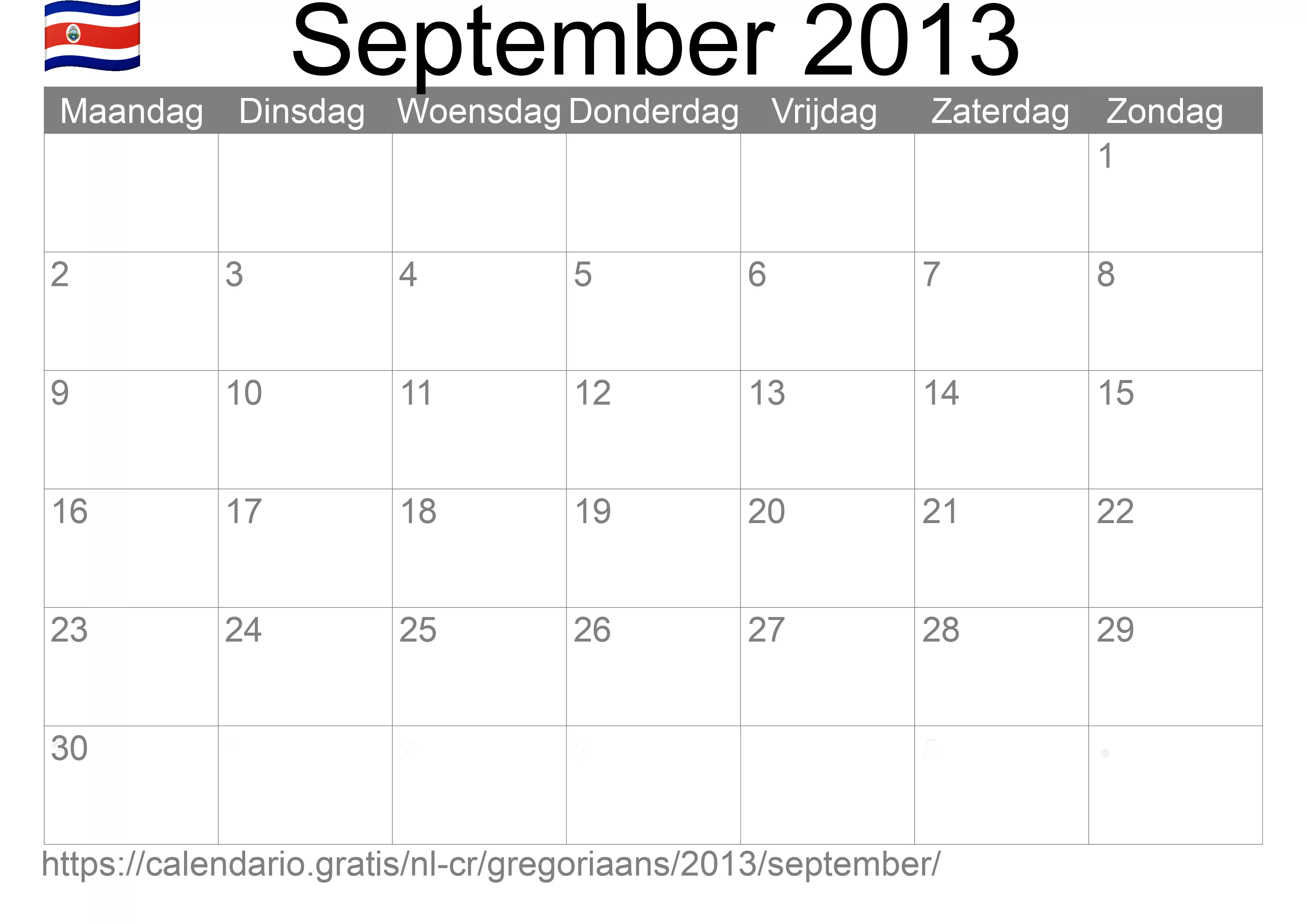 Kalender September 2013 om af te drukken (Costa Rica)
