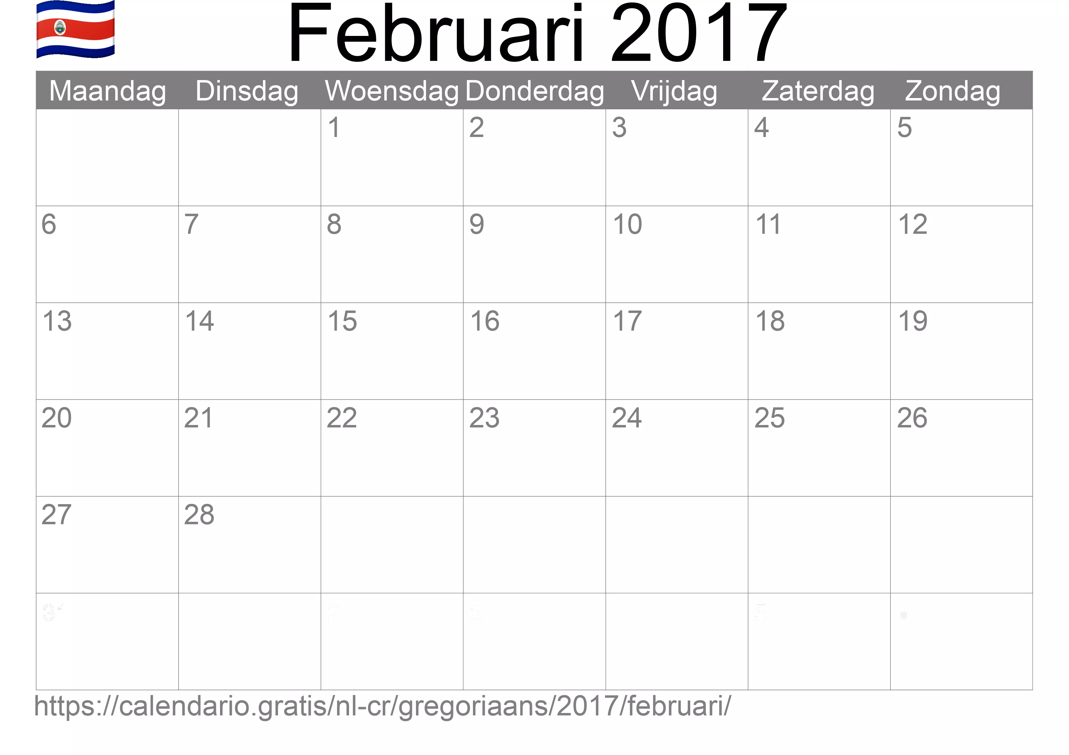 Kalender Februari 2017 om af te drukken (Costa Rica) Kalender Februari 2017 om af te drukken (Costa Rica)
