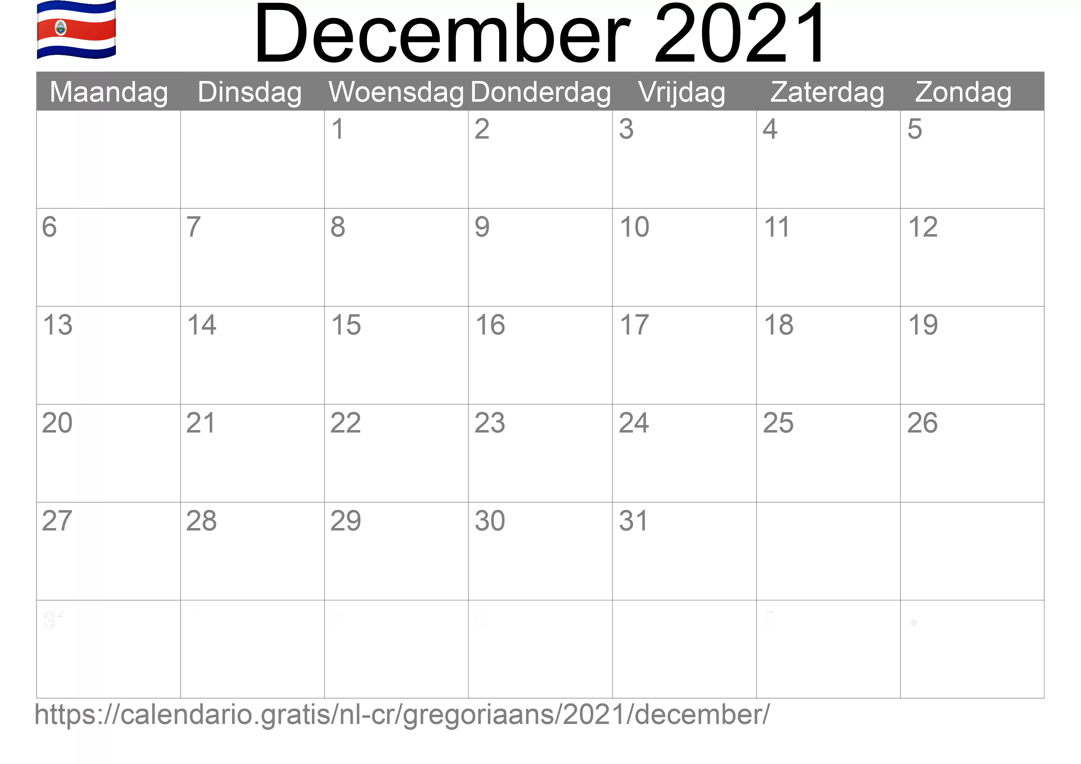 Kalender December 2021 om af te drukken (Costa Rica)