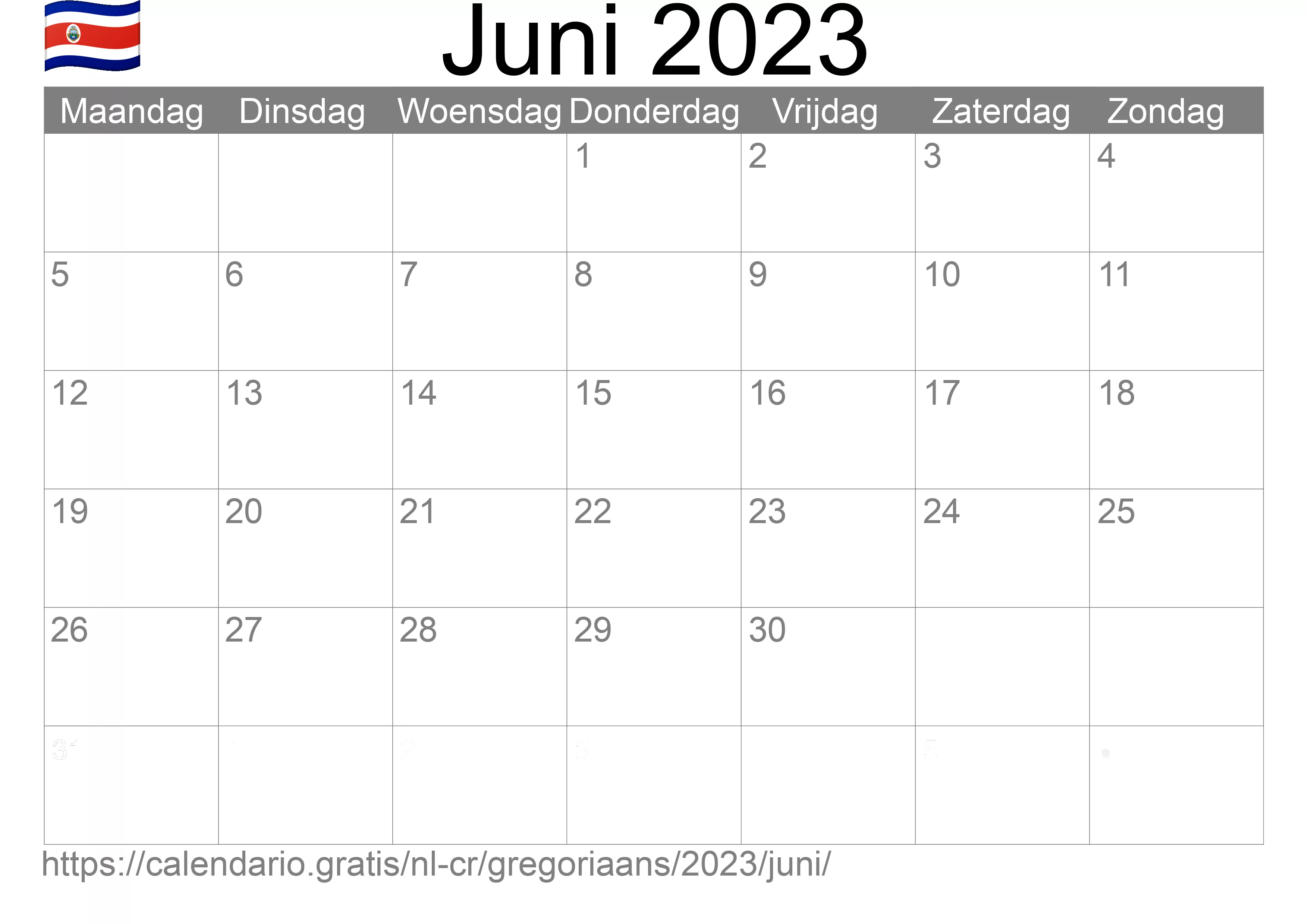 Kalender Juni 2023 om af te drukken (Costa Rica)