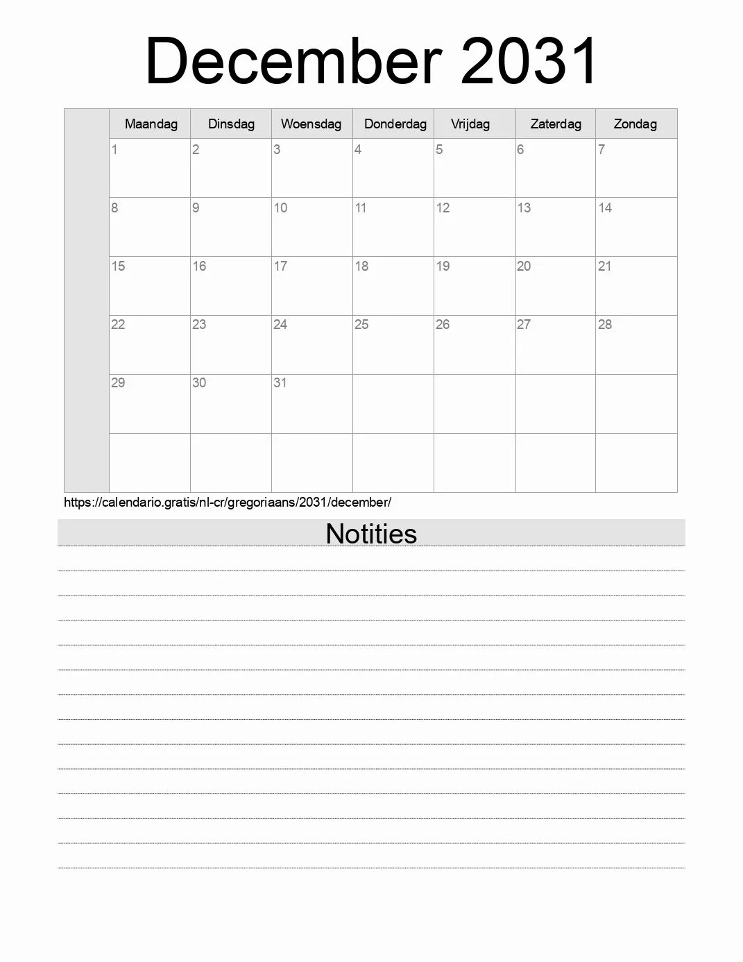 Kalender voor December 2031 om af te drukken met notities. (Costa Rica)