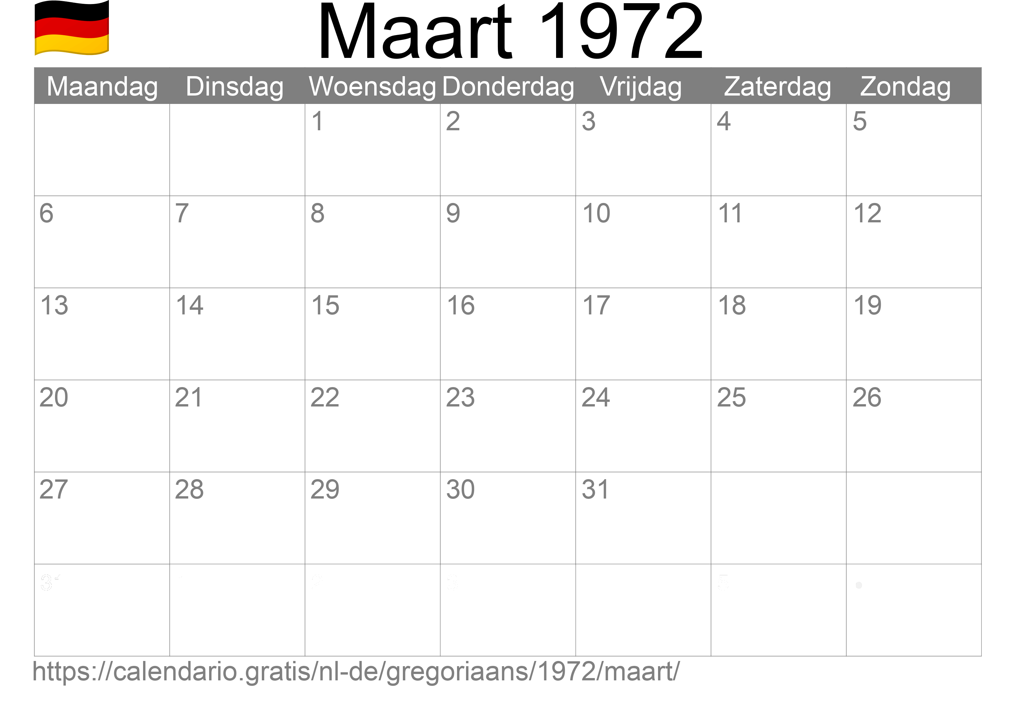 Kalender Maart 1972 om af te drukken