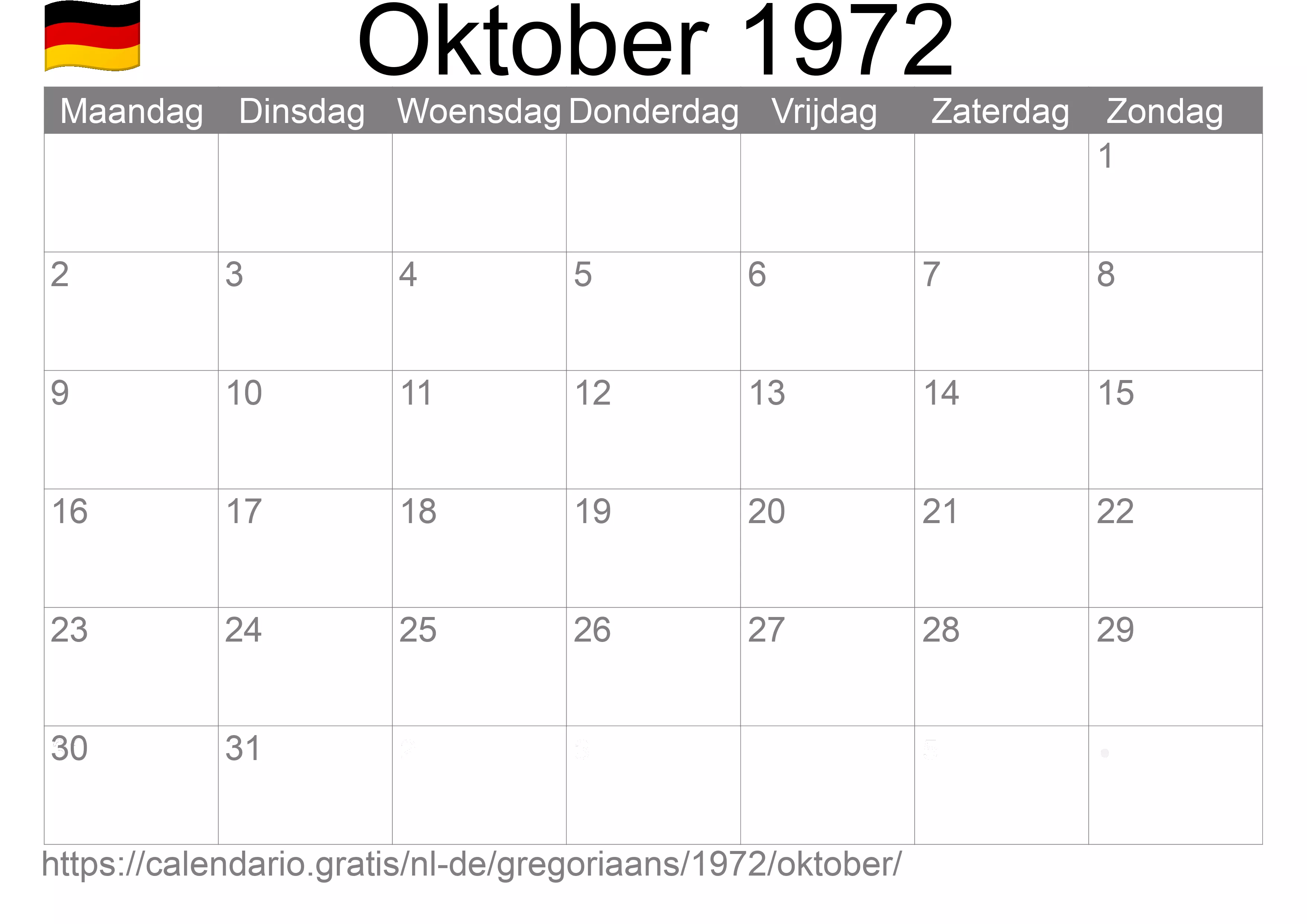 Kalender Oktober 1972 om af te drukken (Duitsland)