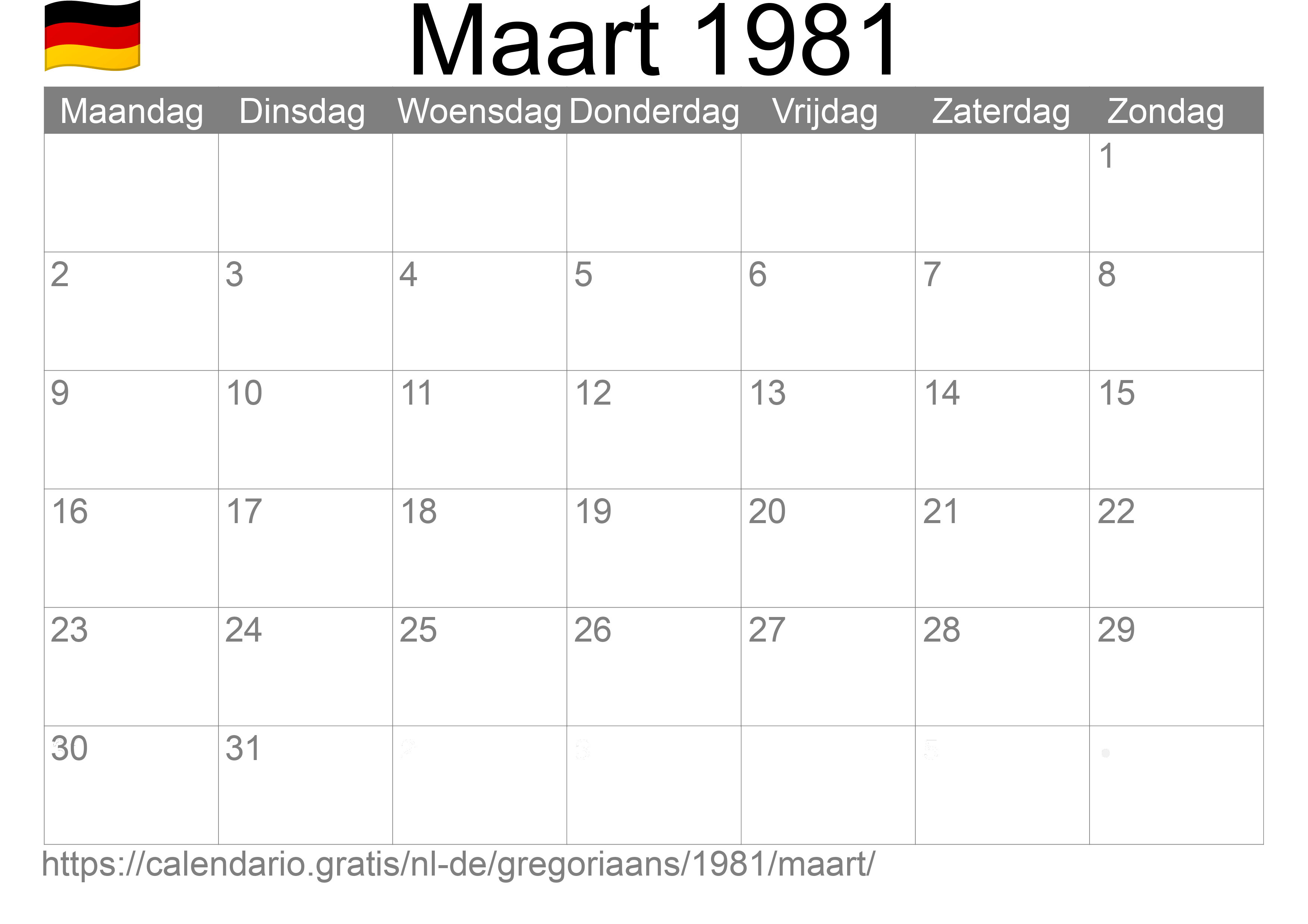 Kalender Maart 1981 om af te drukken