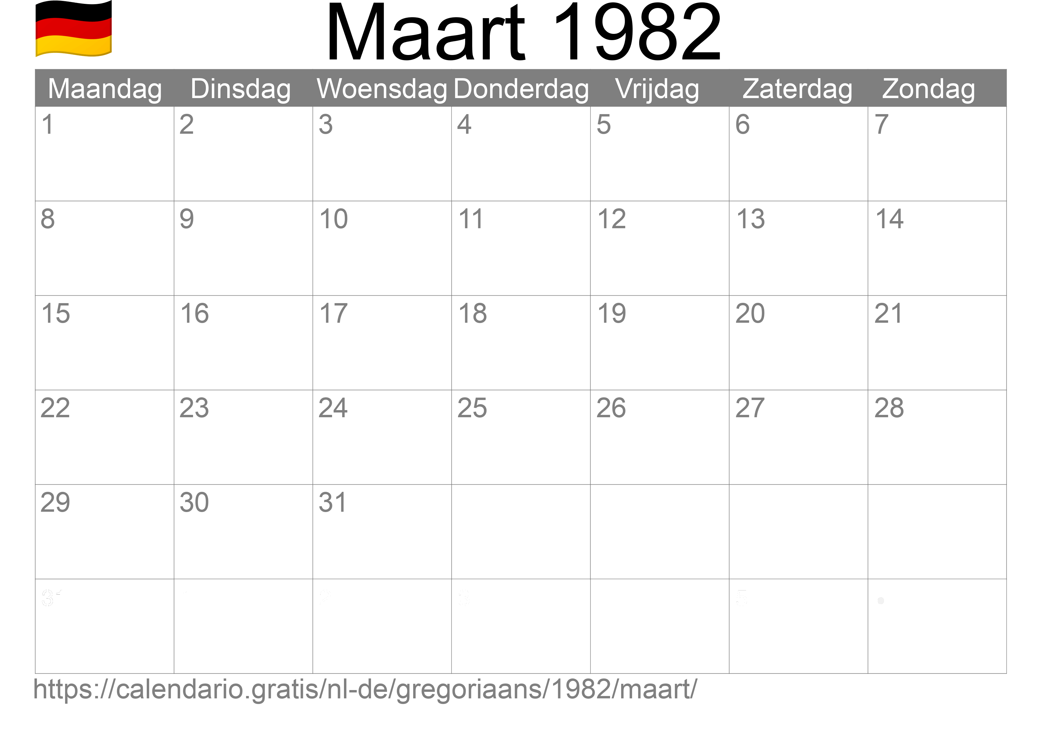 Kalender Maart 1982 om af te drukken