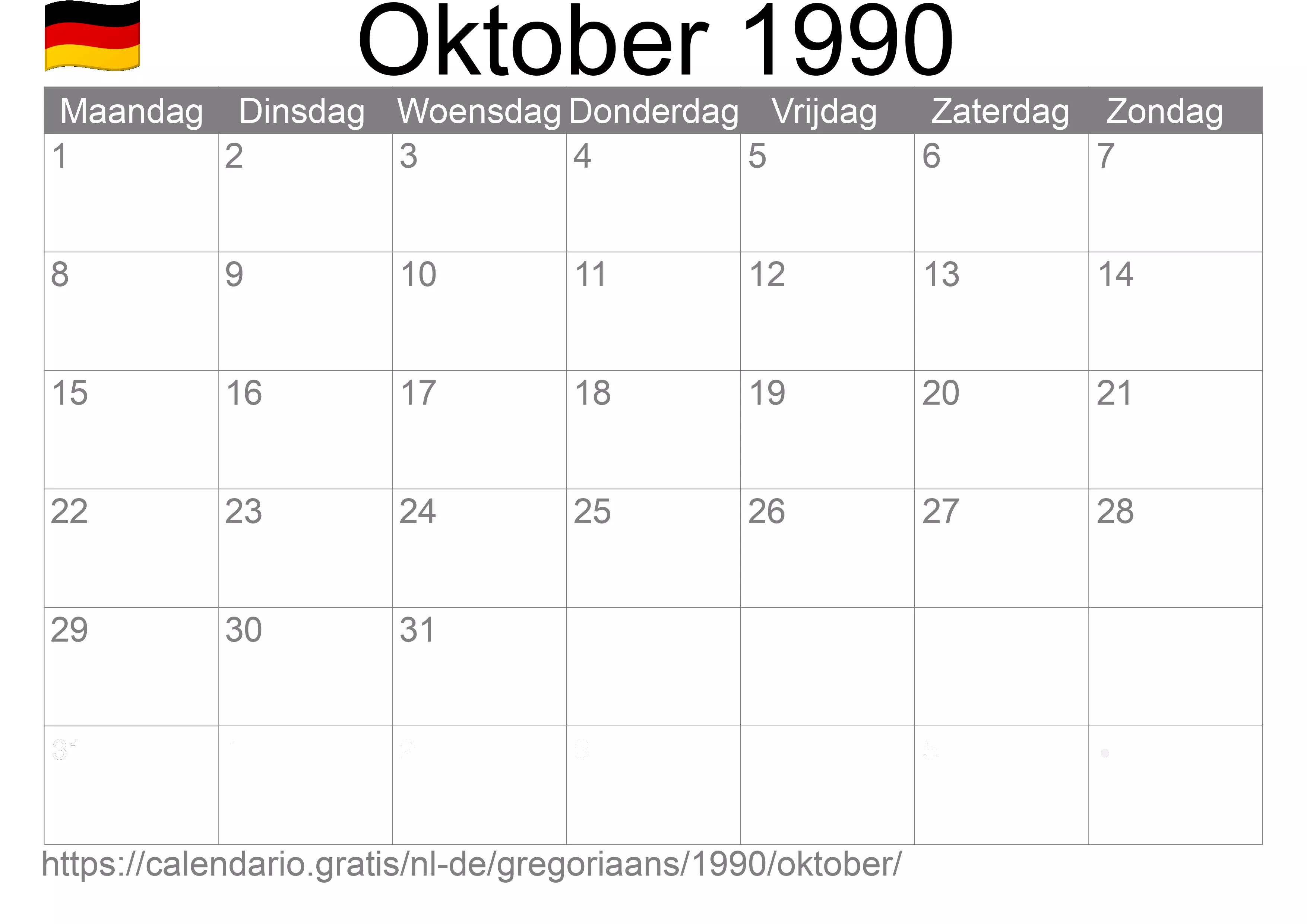 Kalender Oktober 1990 om af te drukken (Duitsland)