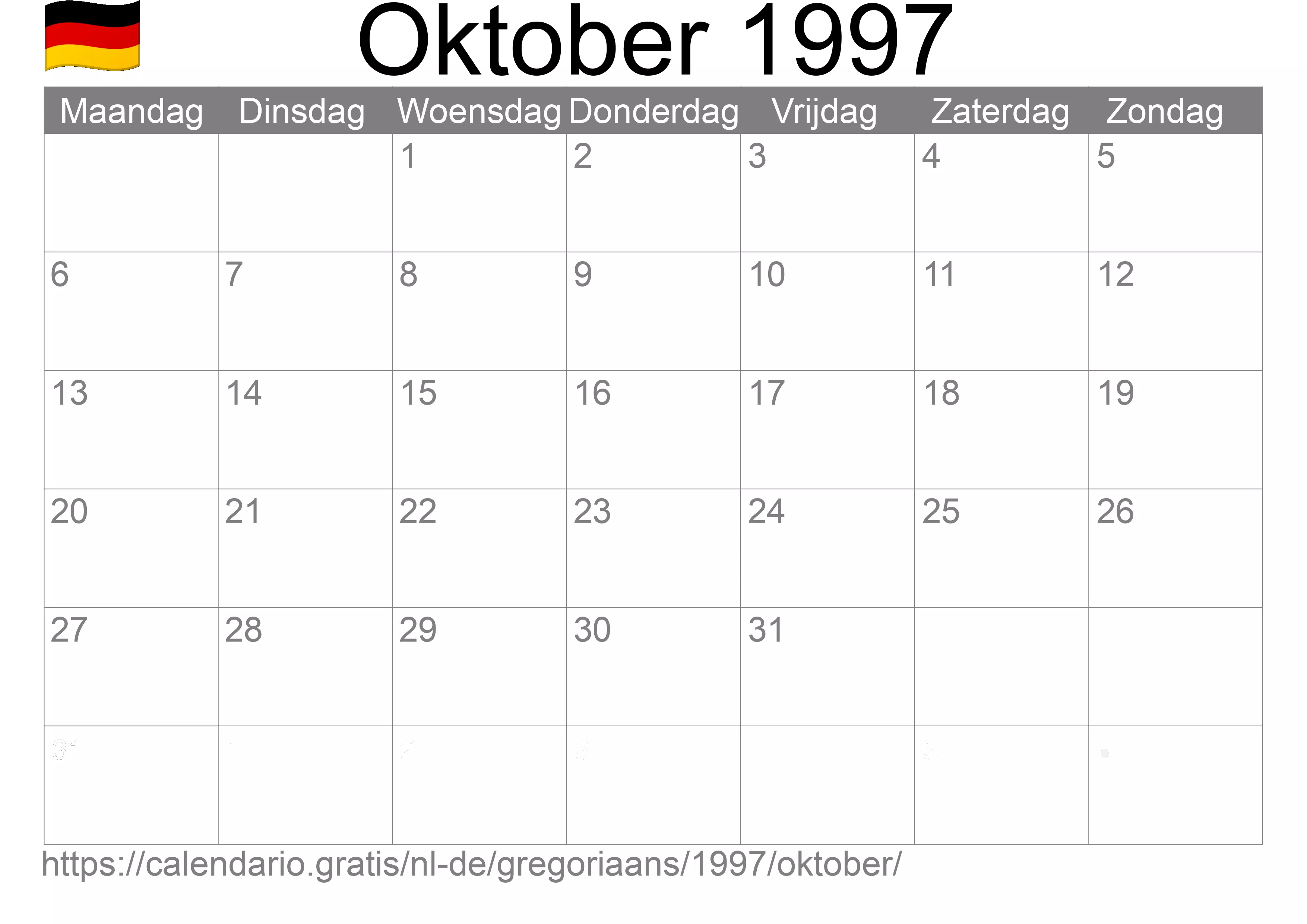 Kalender Oktober 1997 om af te drukken (Duitsland)