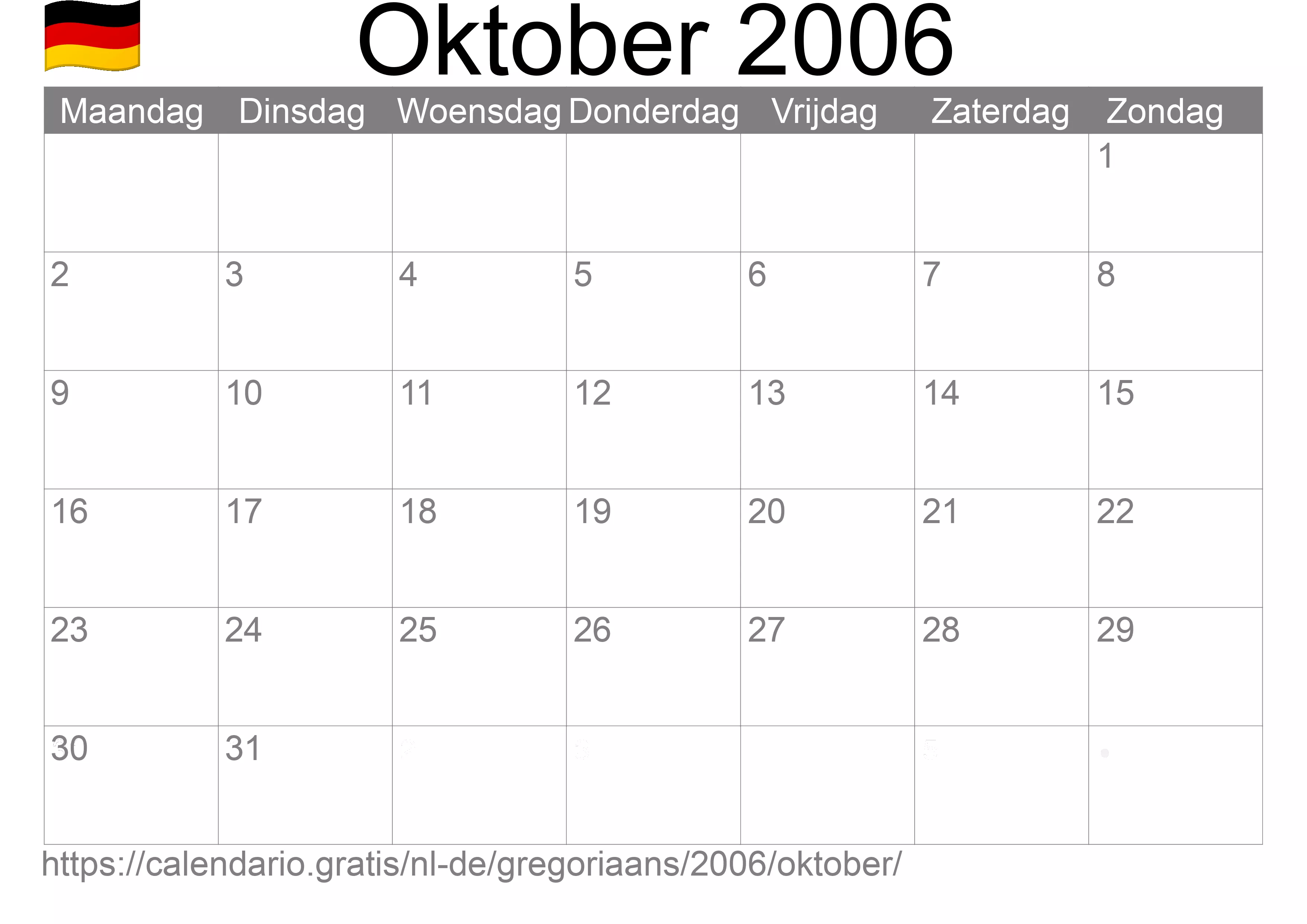 Kalender Oktober 2006 om af te drukken (Duitsland)