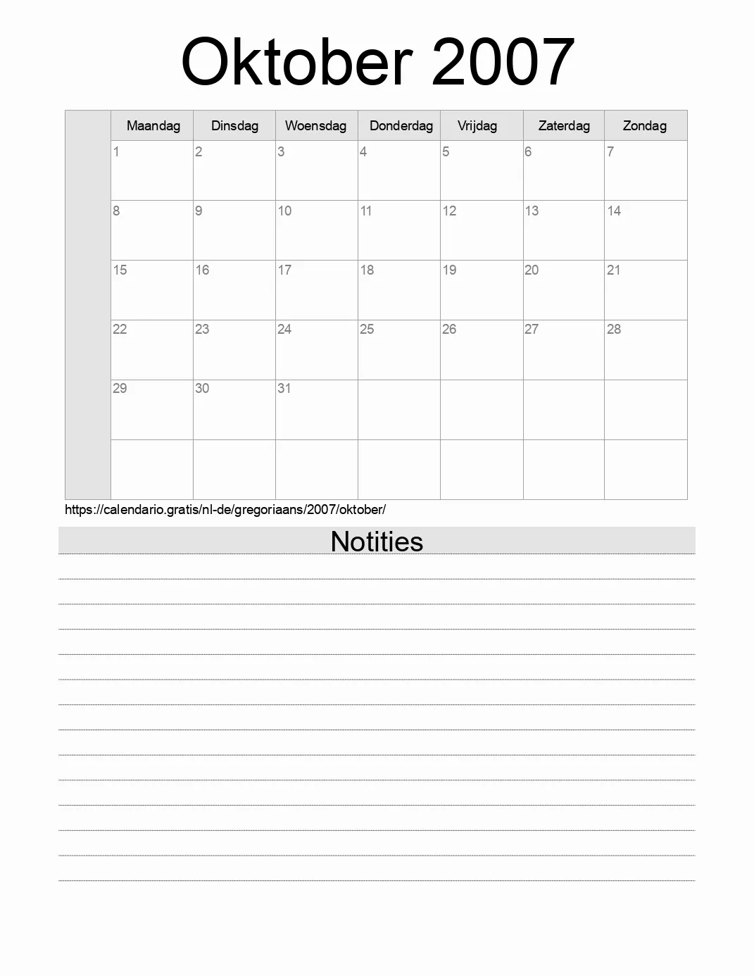 Kalender voor Oktober 2007 om af te drukken met notities. (Duitsland)