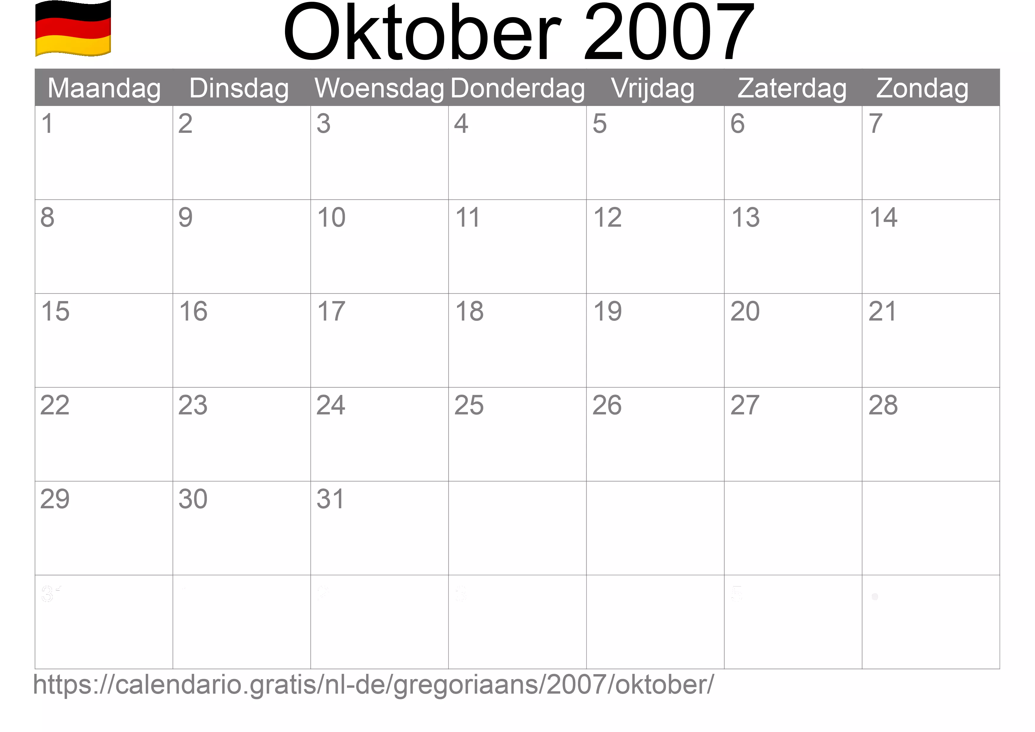 Kalender Oktober 2007 om af te drukken (Duitsland)