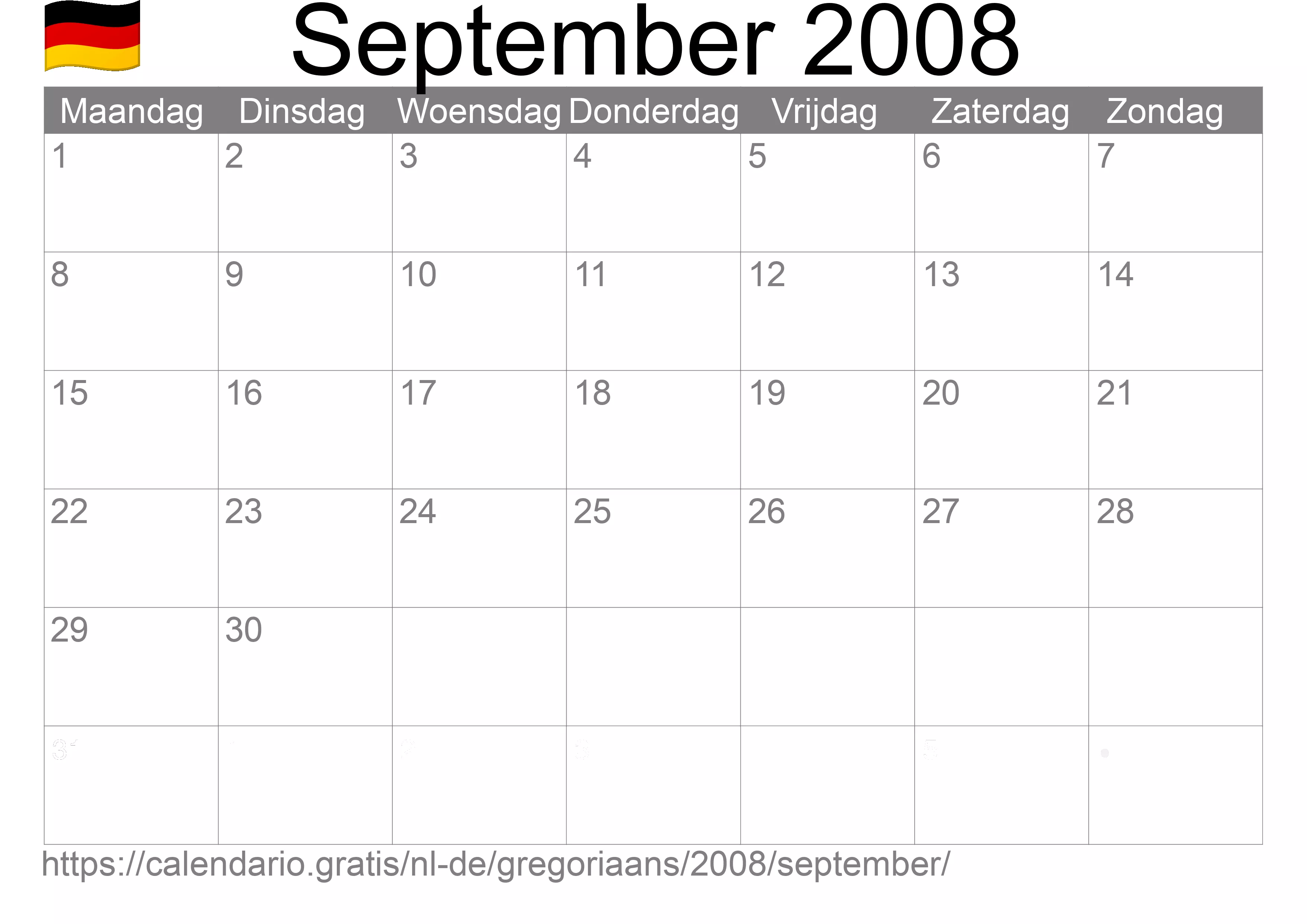 Kalender September 2008 om af te drukken (Duitsland)