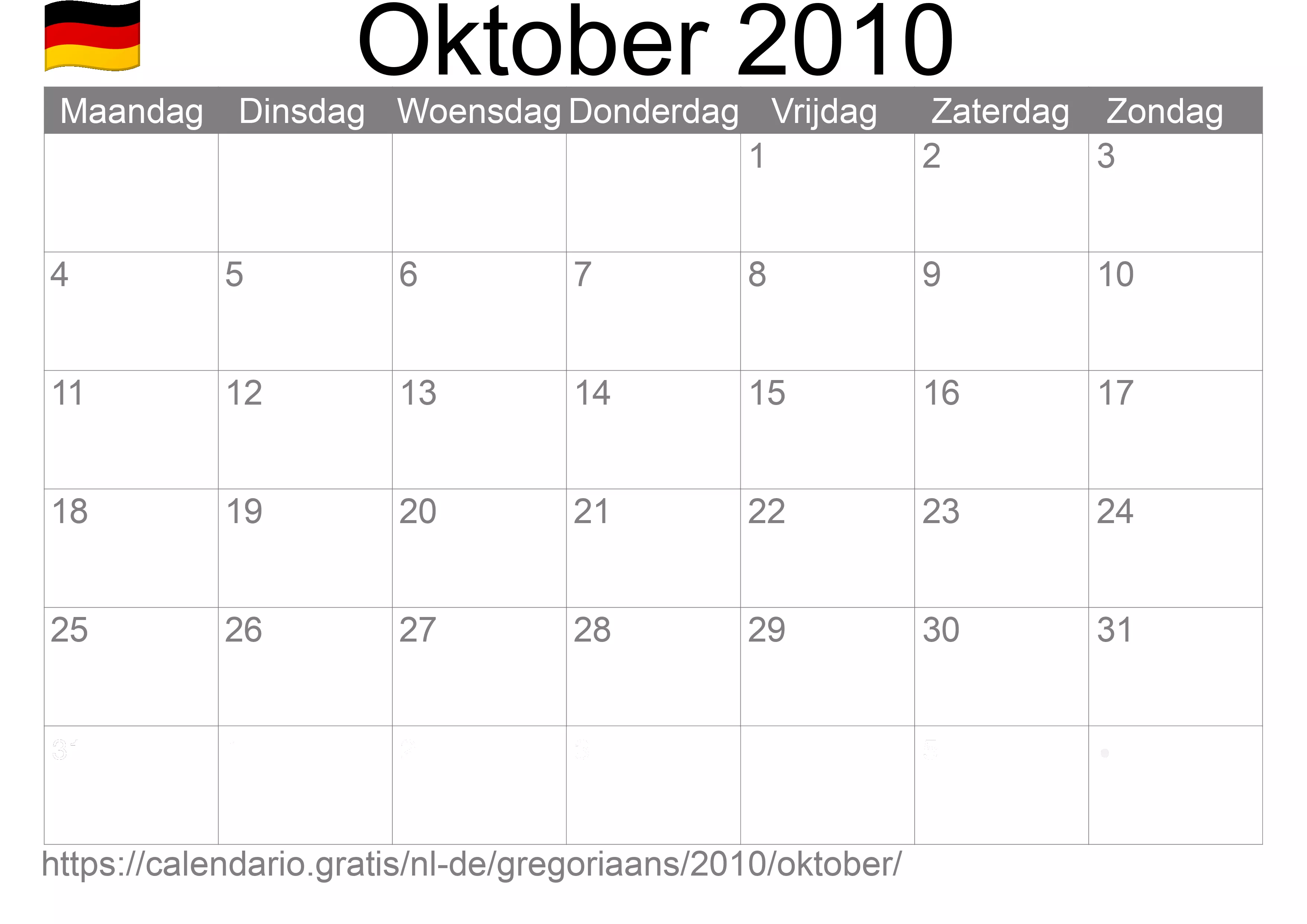 Kalender Oktober 2010 om af te drukken (Duitsland)