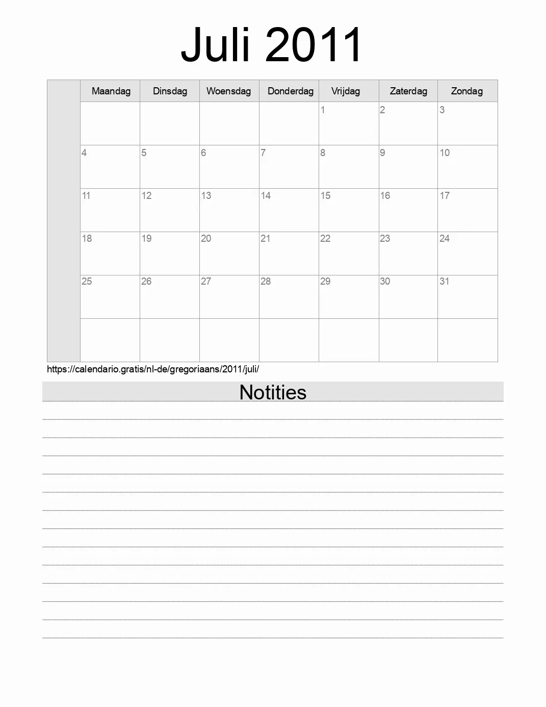 Kalender voor Juli 2011 om af te drukken met notities. (Duitsland)