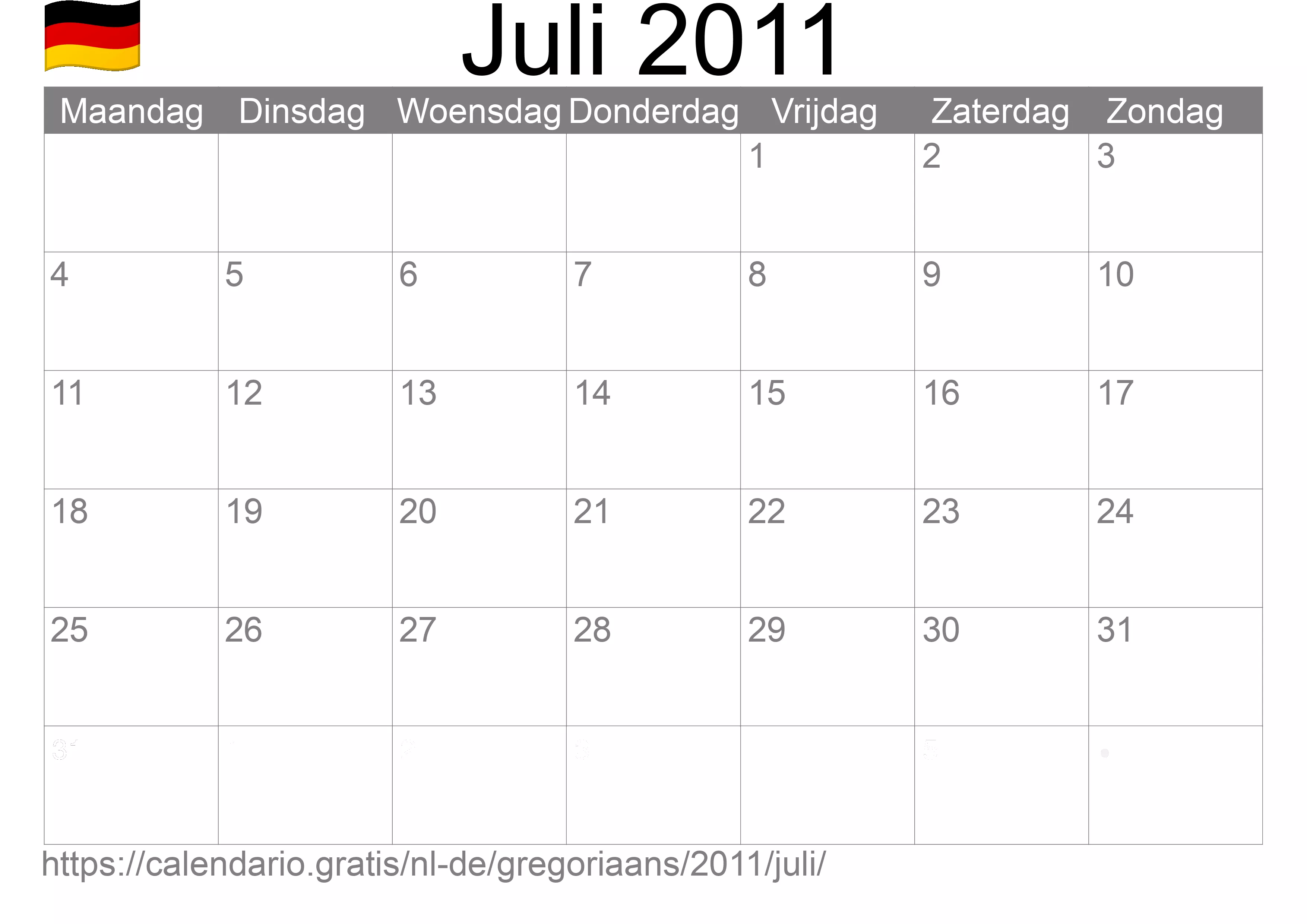 Kalender Juli 2011 om af te drukken (Duitsland)