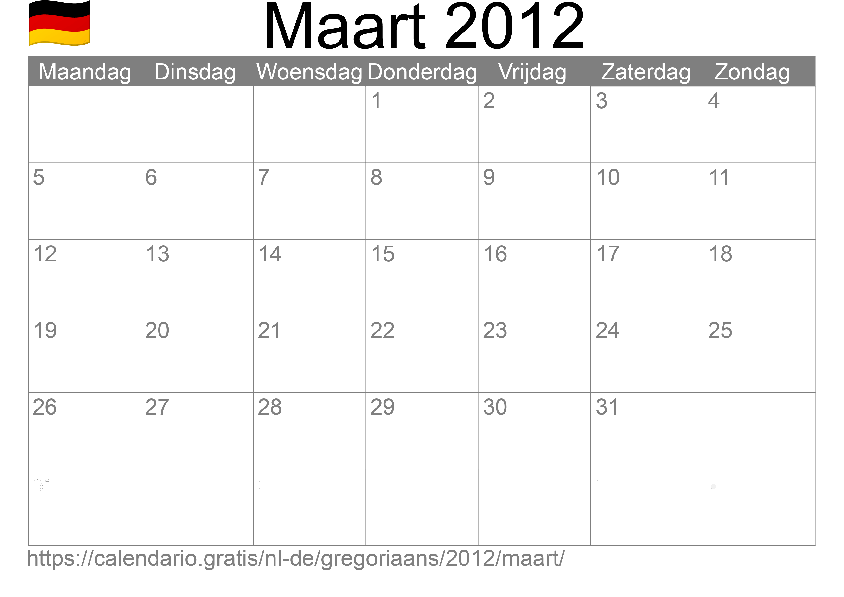 Kalender Maart 2012 om af te drukken