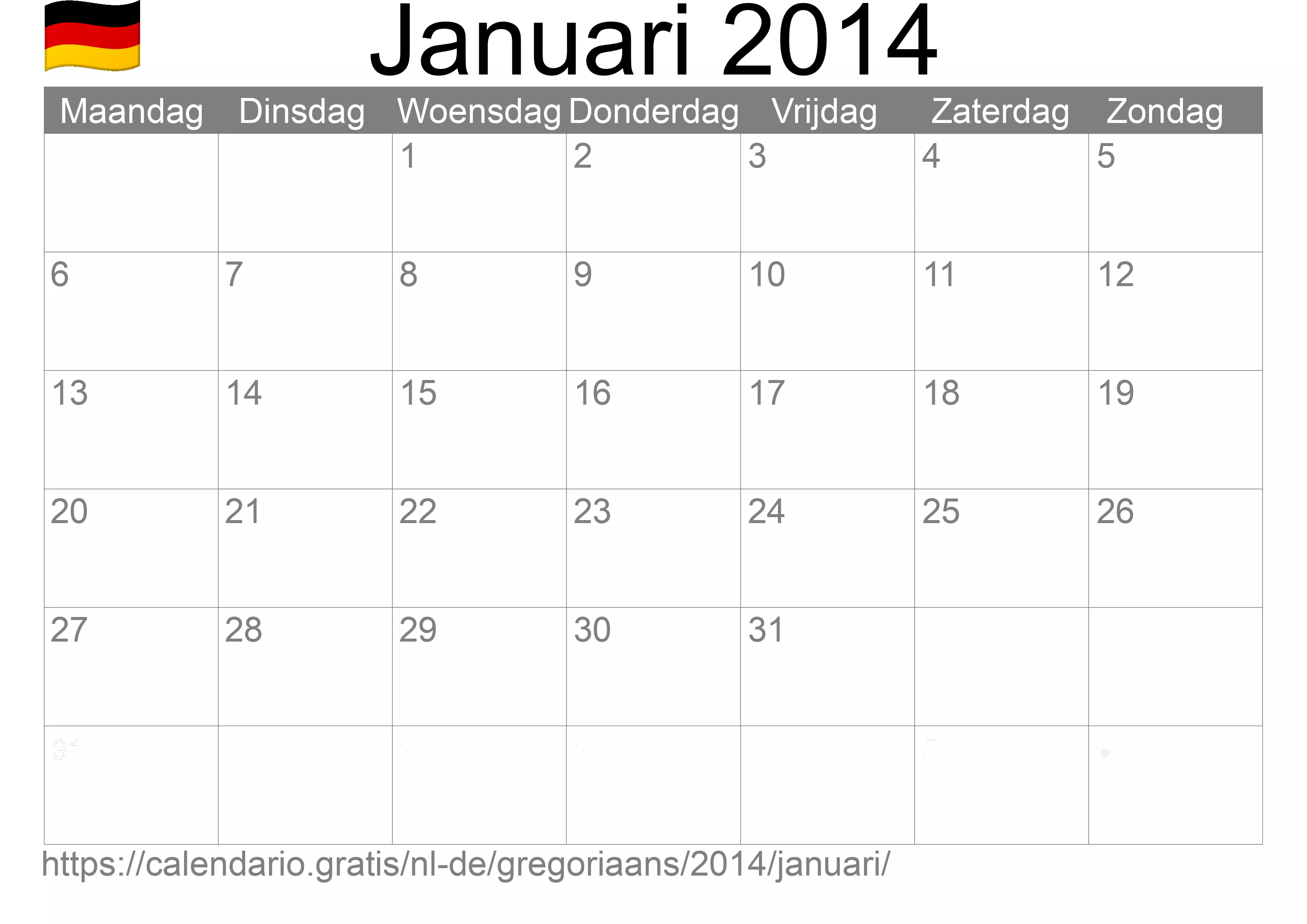 Kalender Januari 2014 om af te drukken (Duitsland)