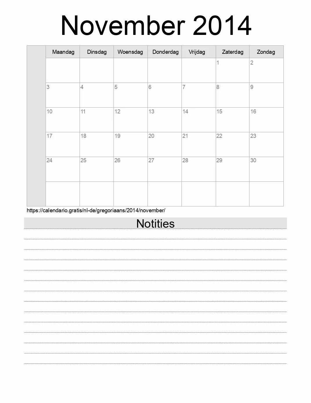 Kalender voor November 2014 om af te drukken met notities. (Duitsland)