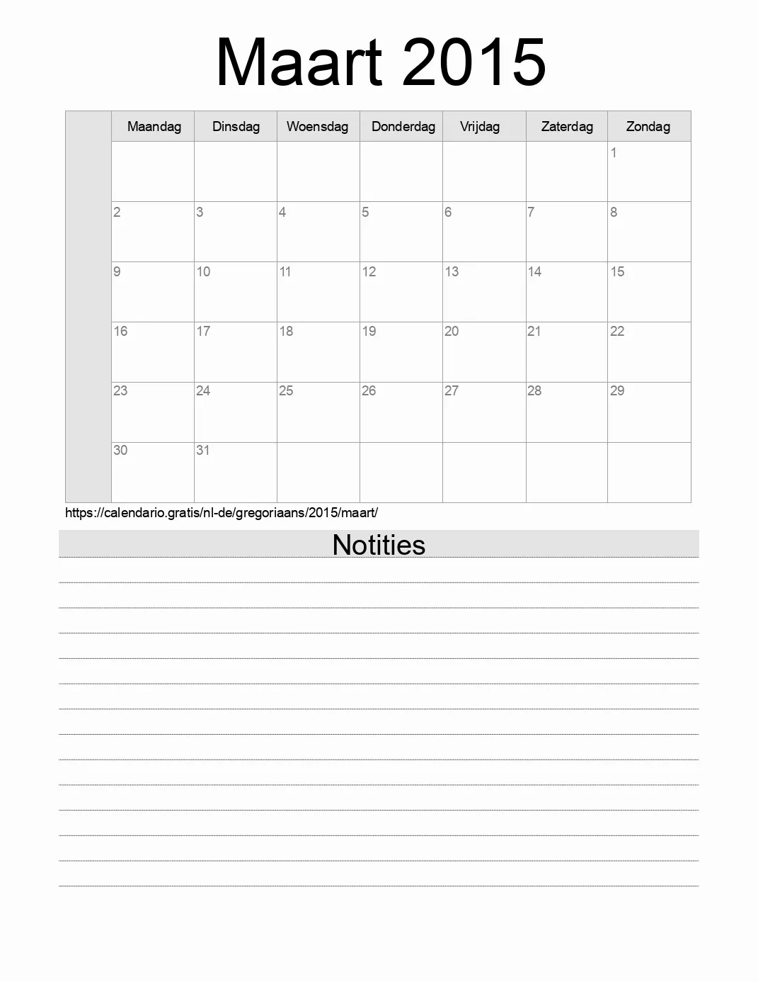 Kalender voor Maart 2015 om af te drukken met notities. (Duitsland)