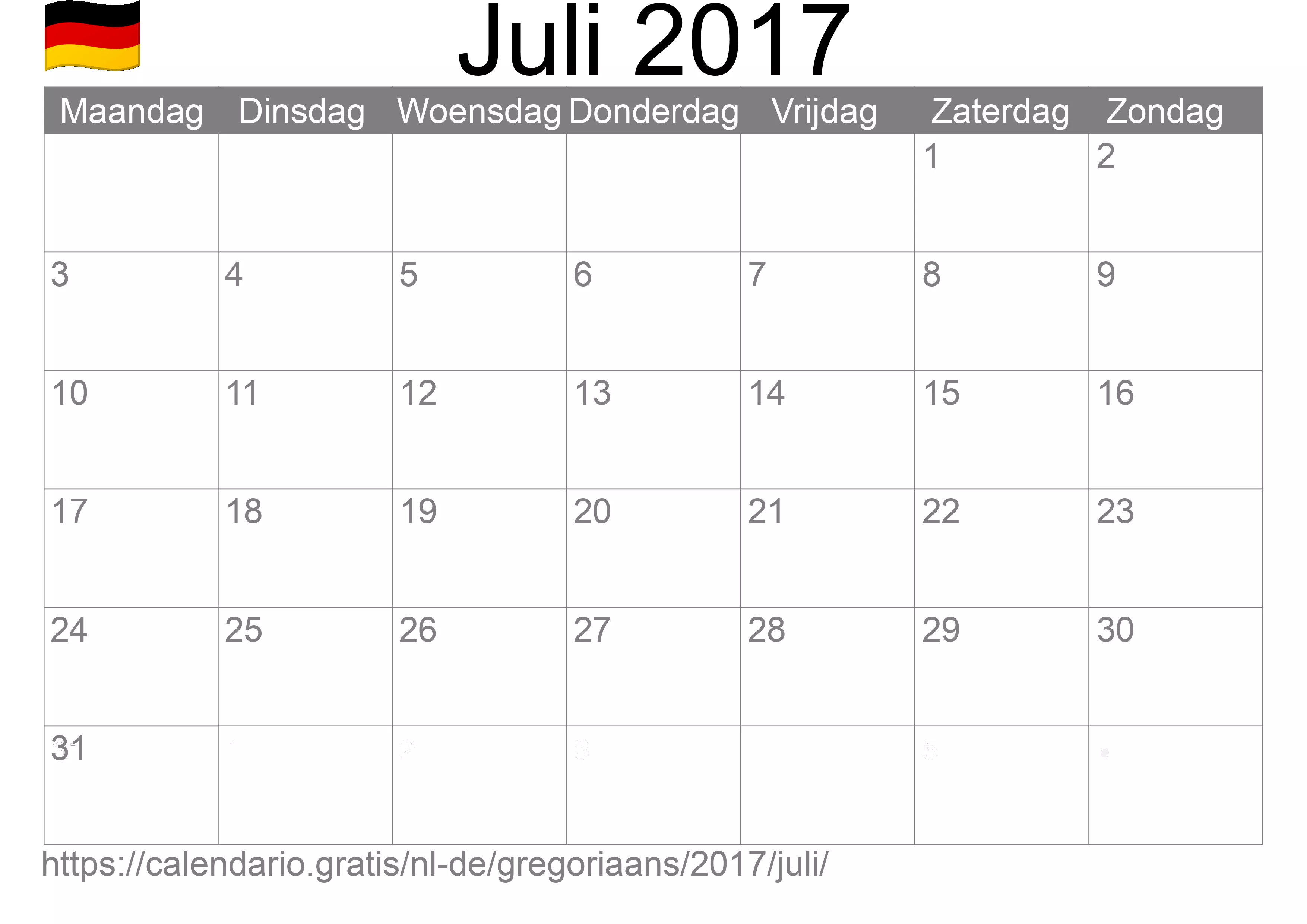 Kalender Juli 2017 om af te drukken (Duitsland)