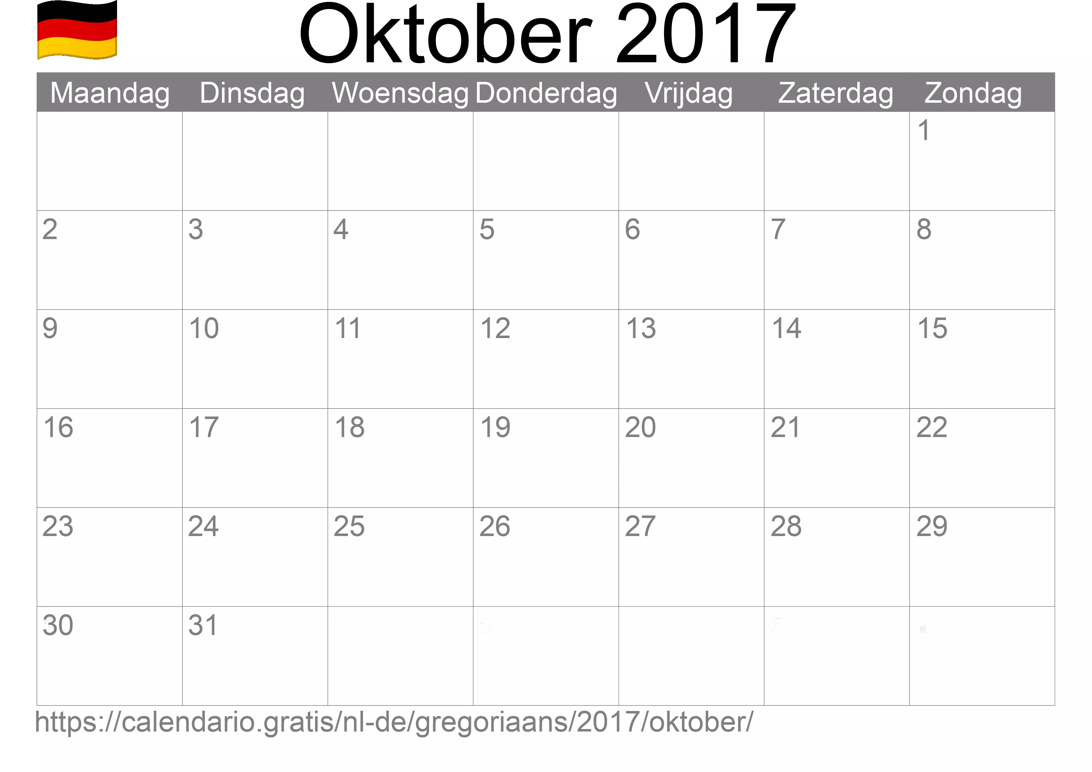 Kalender Oktober 2017 om af te drukken (Duitsland)