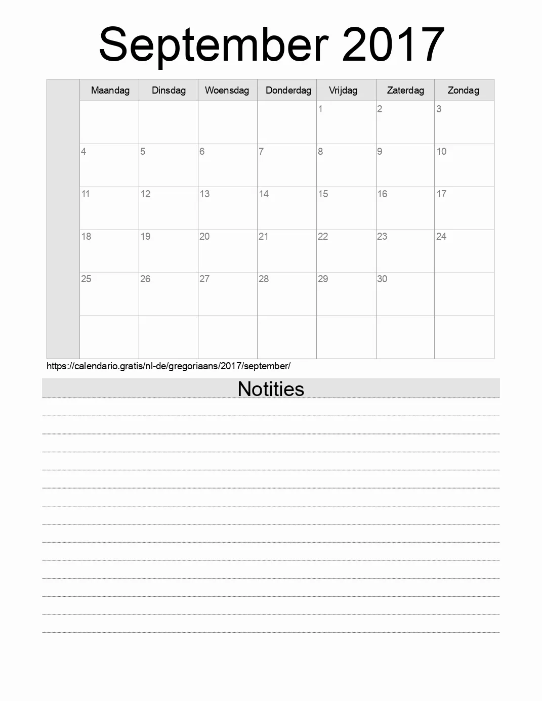 Kalender voor September 2017 om af te drukken met notities. (Duitsland)