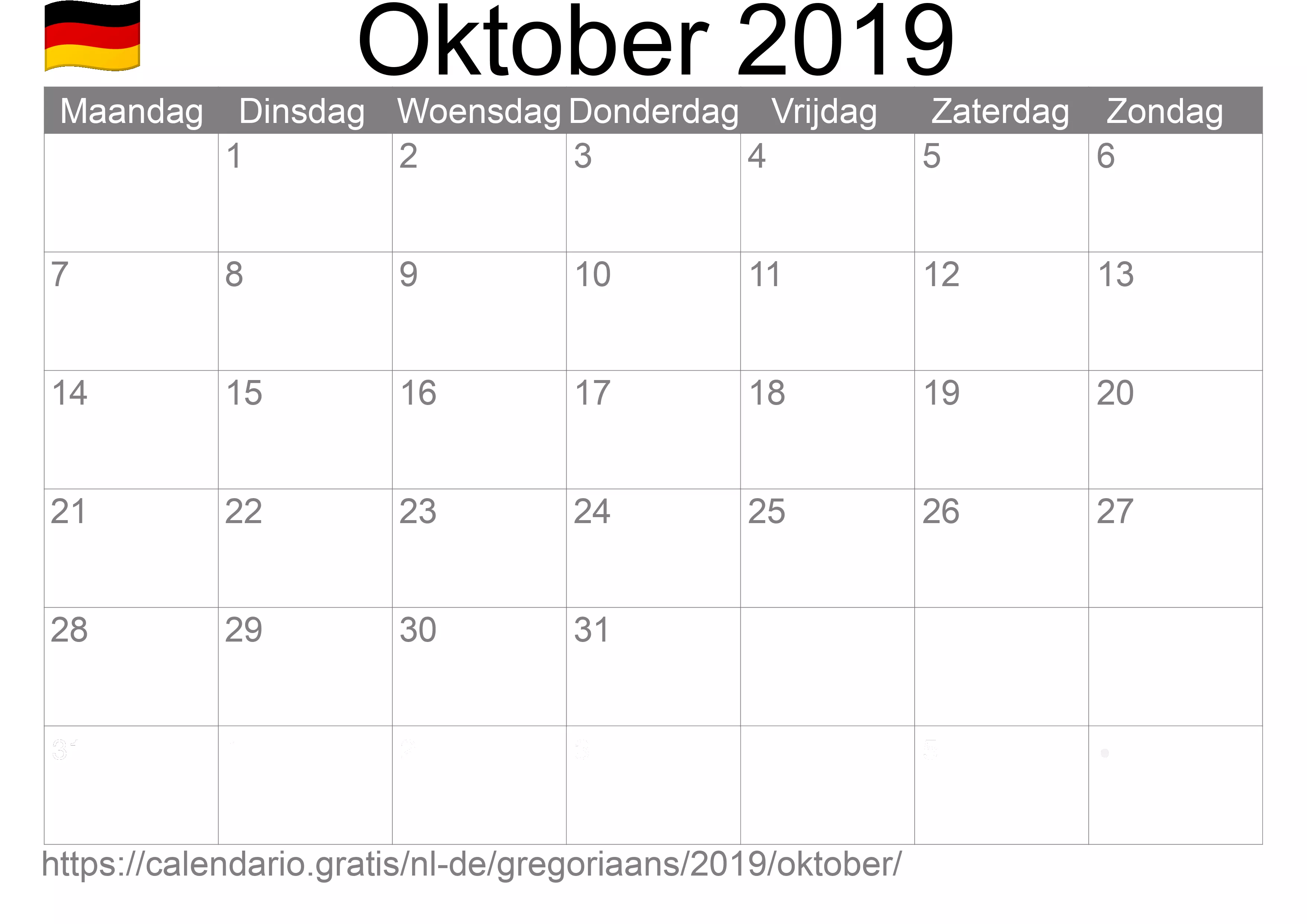 Kalender Oktober 2019 om af te drukken (Duitsland)