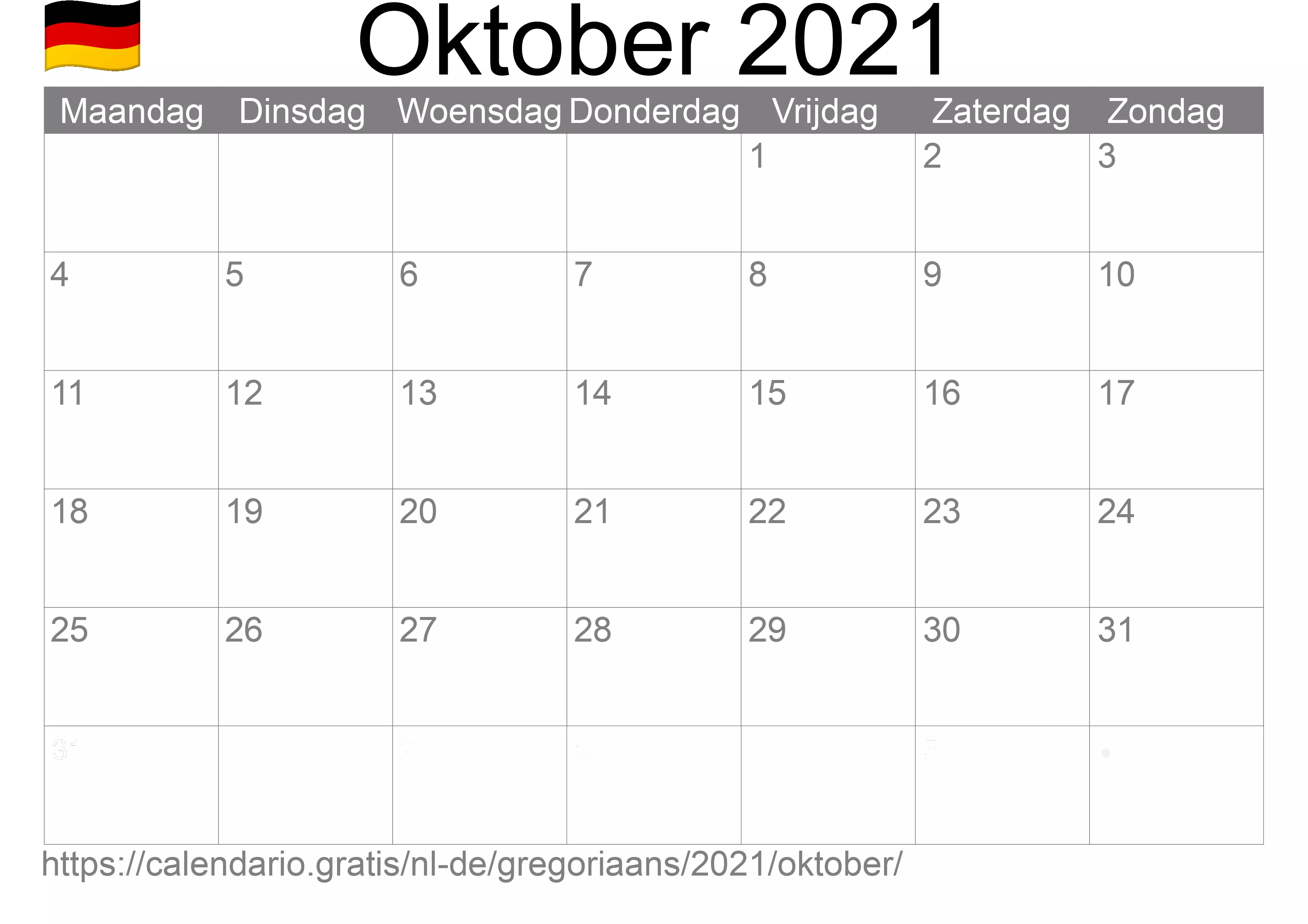 Kalender Oktober 2021 om af te drukken (Duitsland)