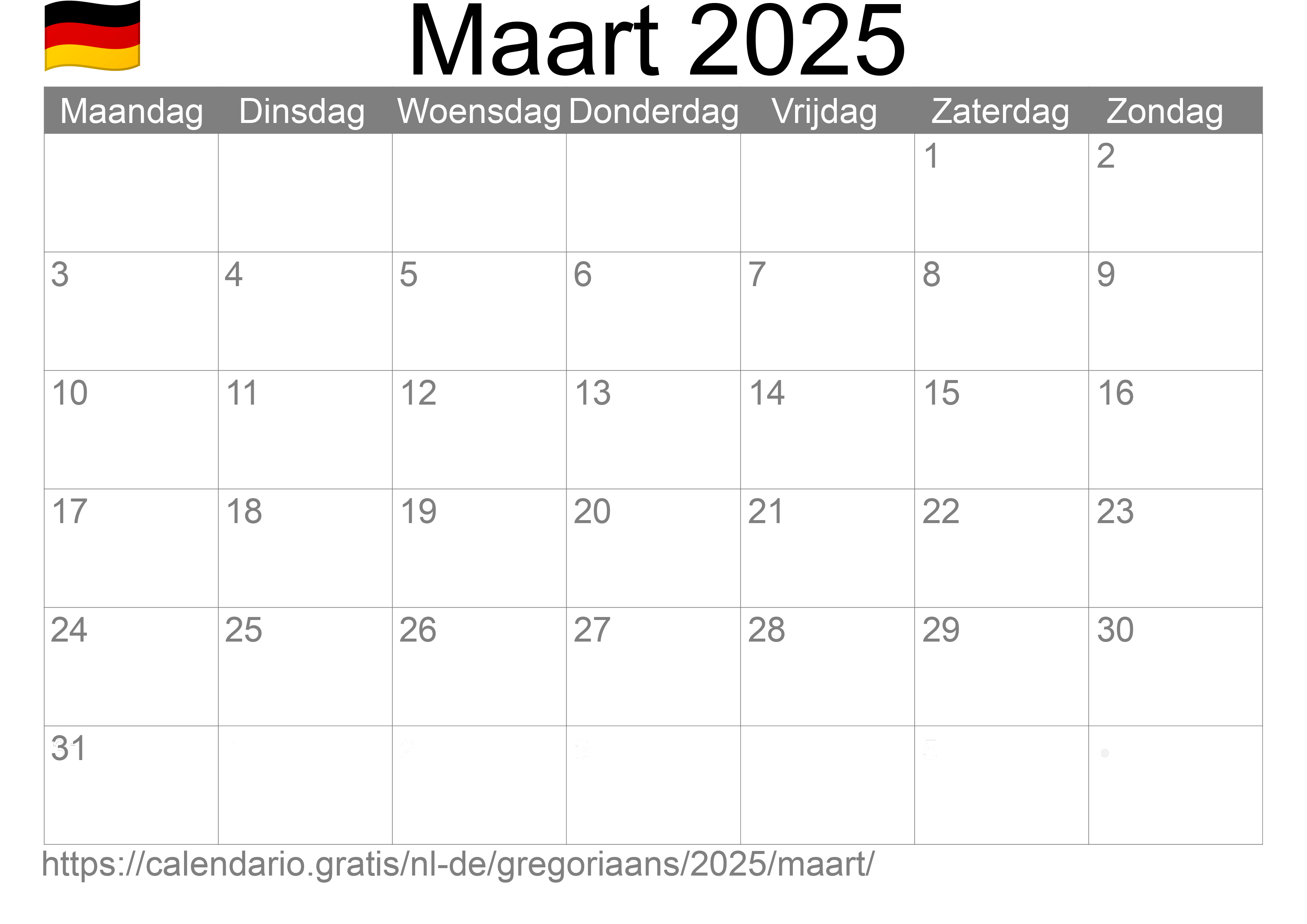 Kalender Maart 2025 om af te drukken