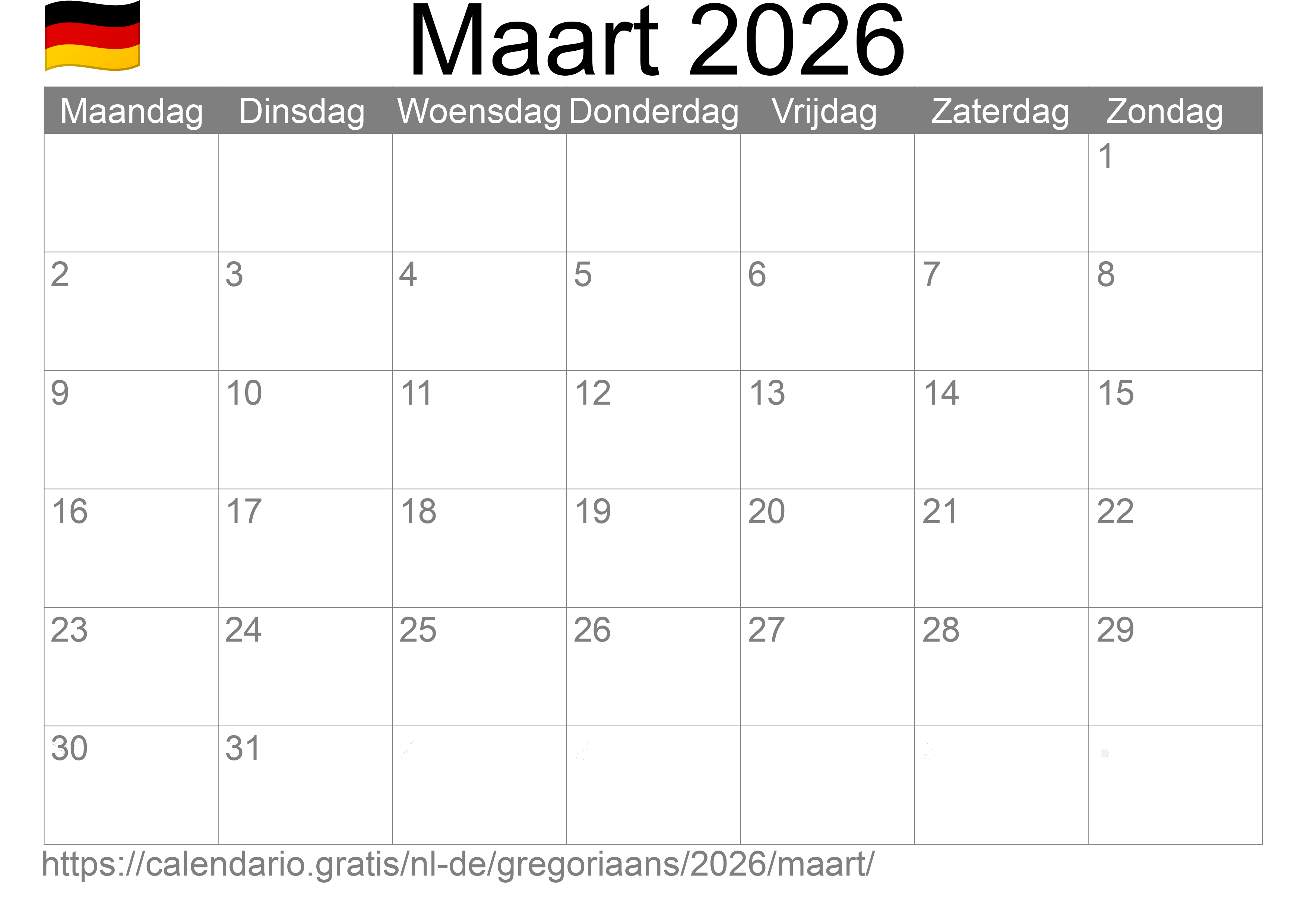 Kalender Maart 2026 om af te drukken