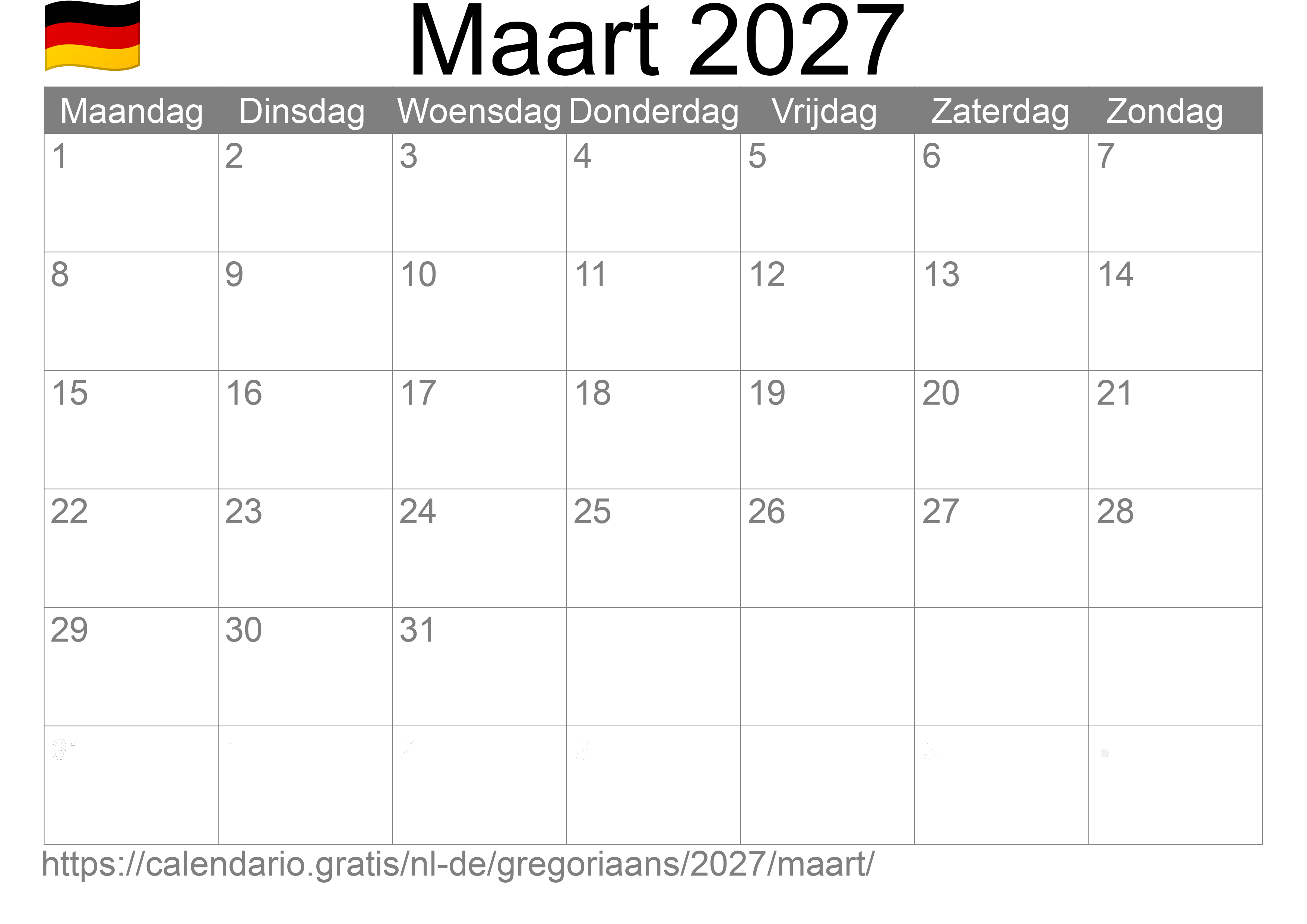 Kalender Maart 2027 om af te drukken