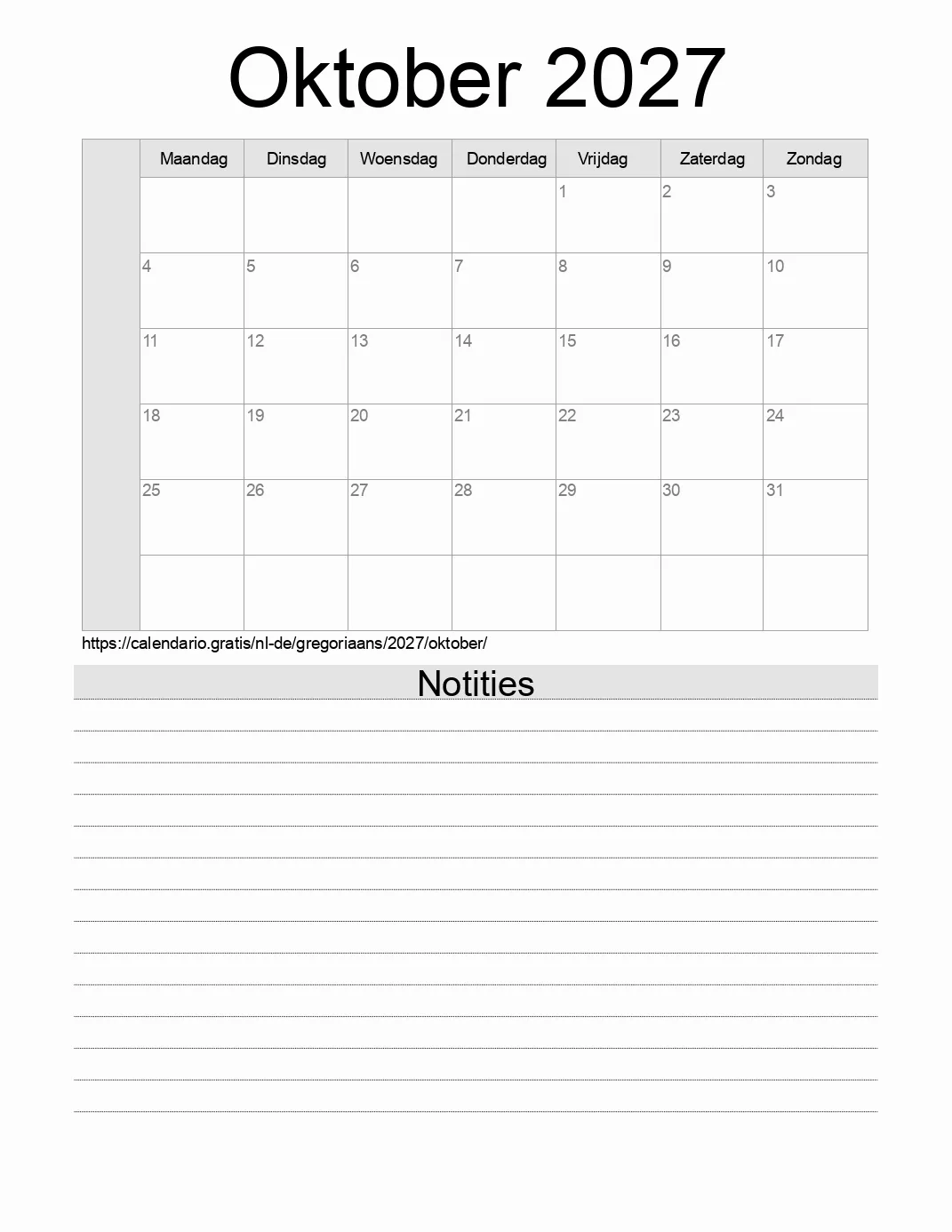 Kalender voor Oktober 2027 om af te drukken met notities. (Duitsland)
