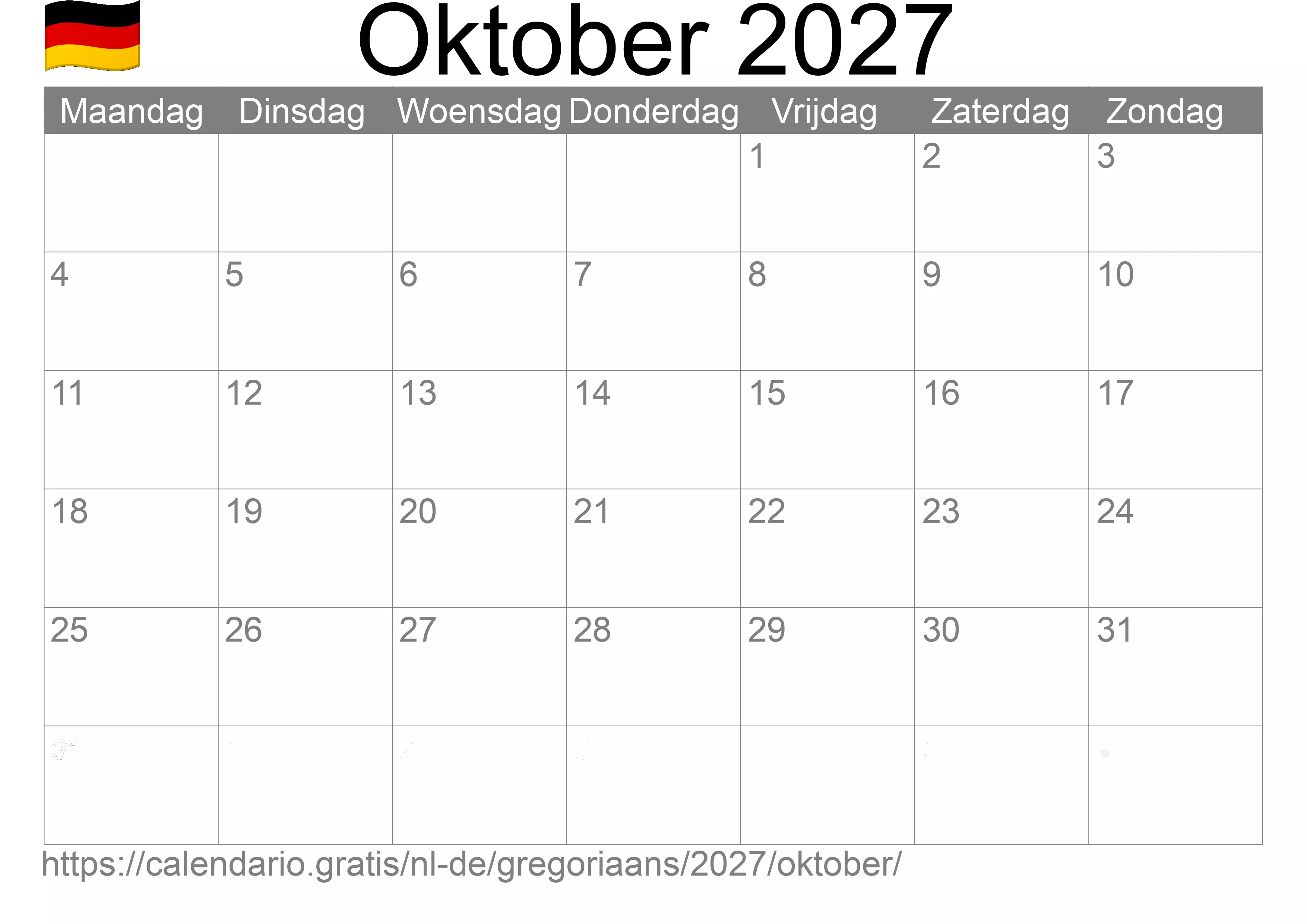 Kalender Oktober 2027 om af te drukken (Duitsland)