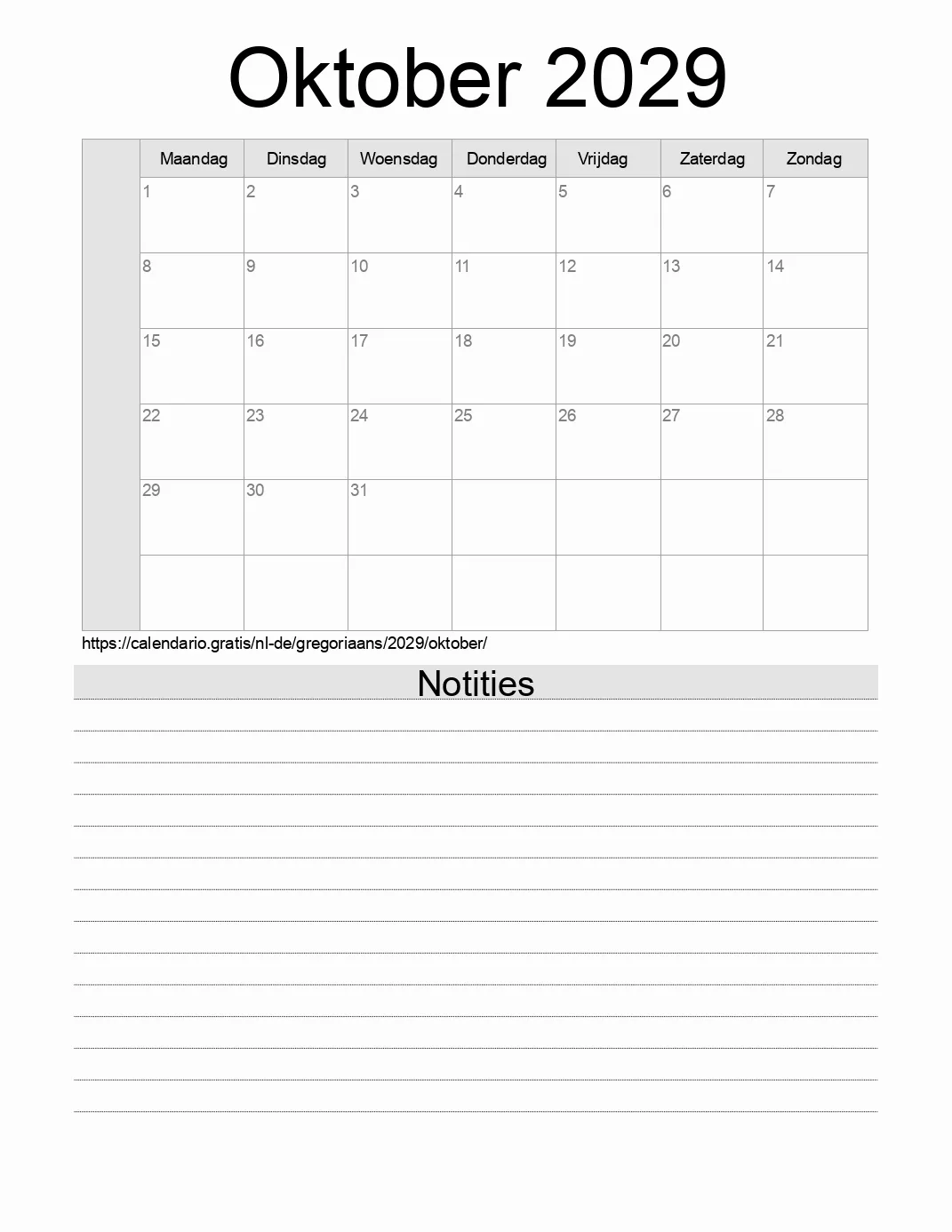Kalender voor Oktober 2029 om af te drukken met notities. (Duitsland)