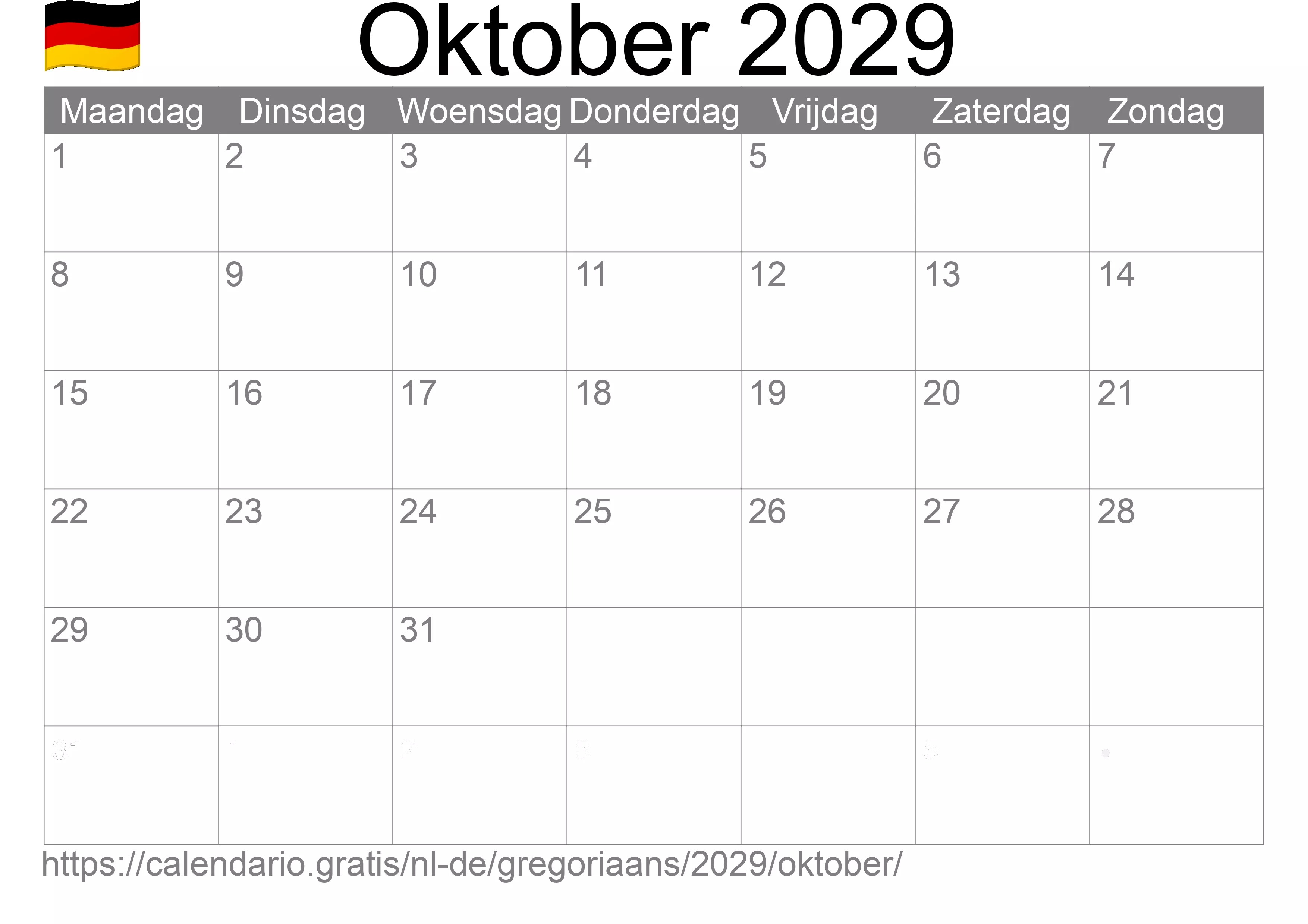 Kalender Oktober 2029 om af te drukken (Duitsland)
