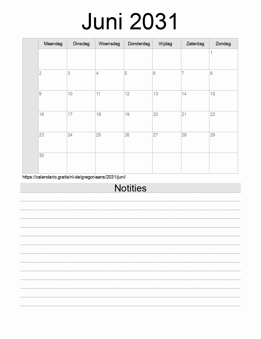 Kalender voor Juni 2031 om af te drukken met notities. (Duitsland)
