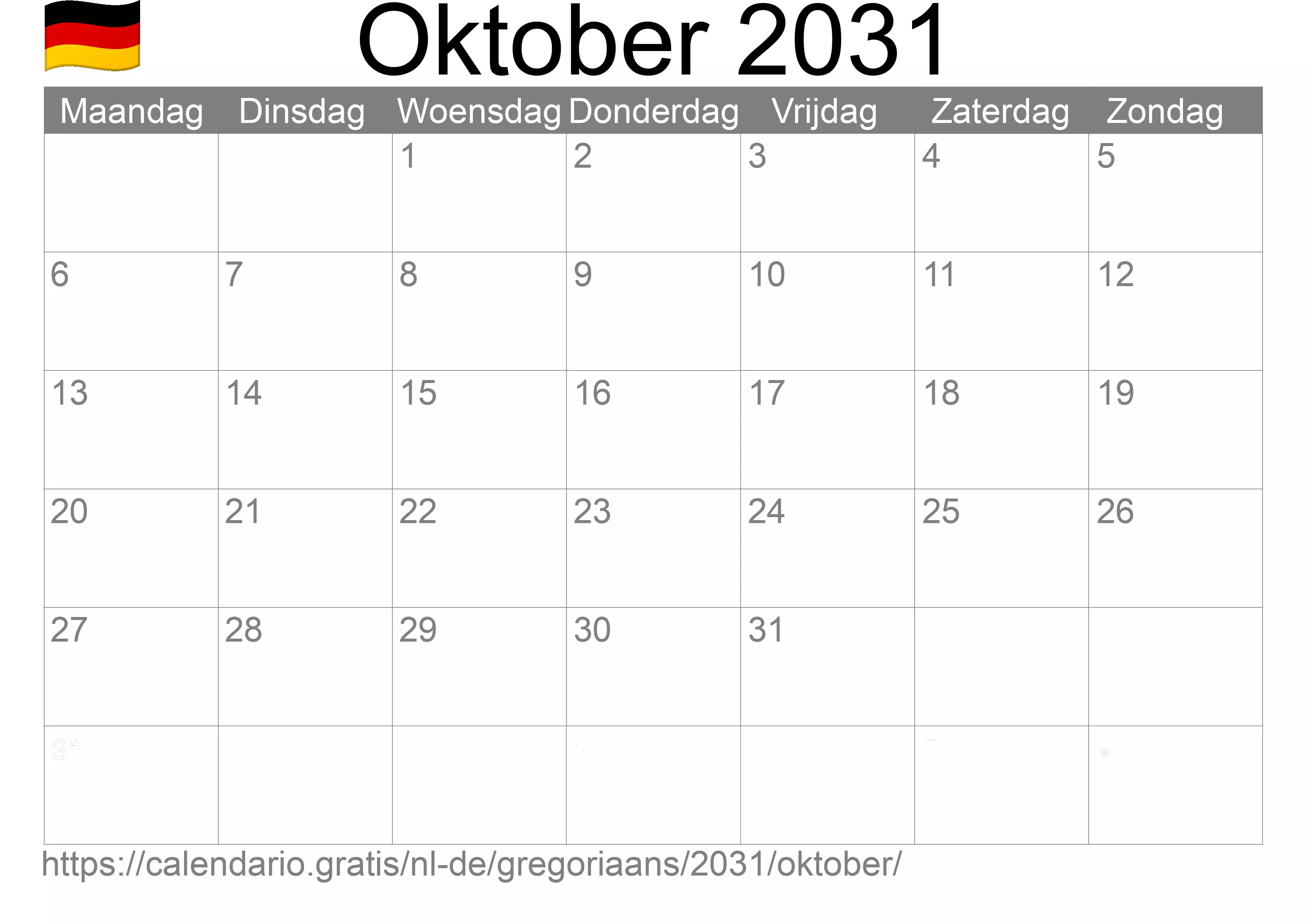 Kalender Oktober 2031 om af te drukken (Duitsland)