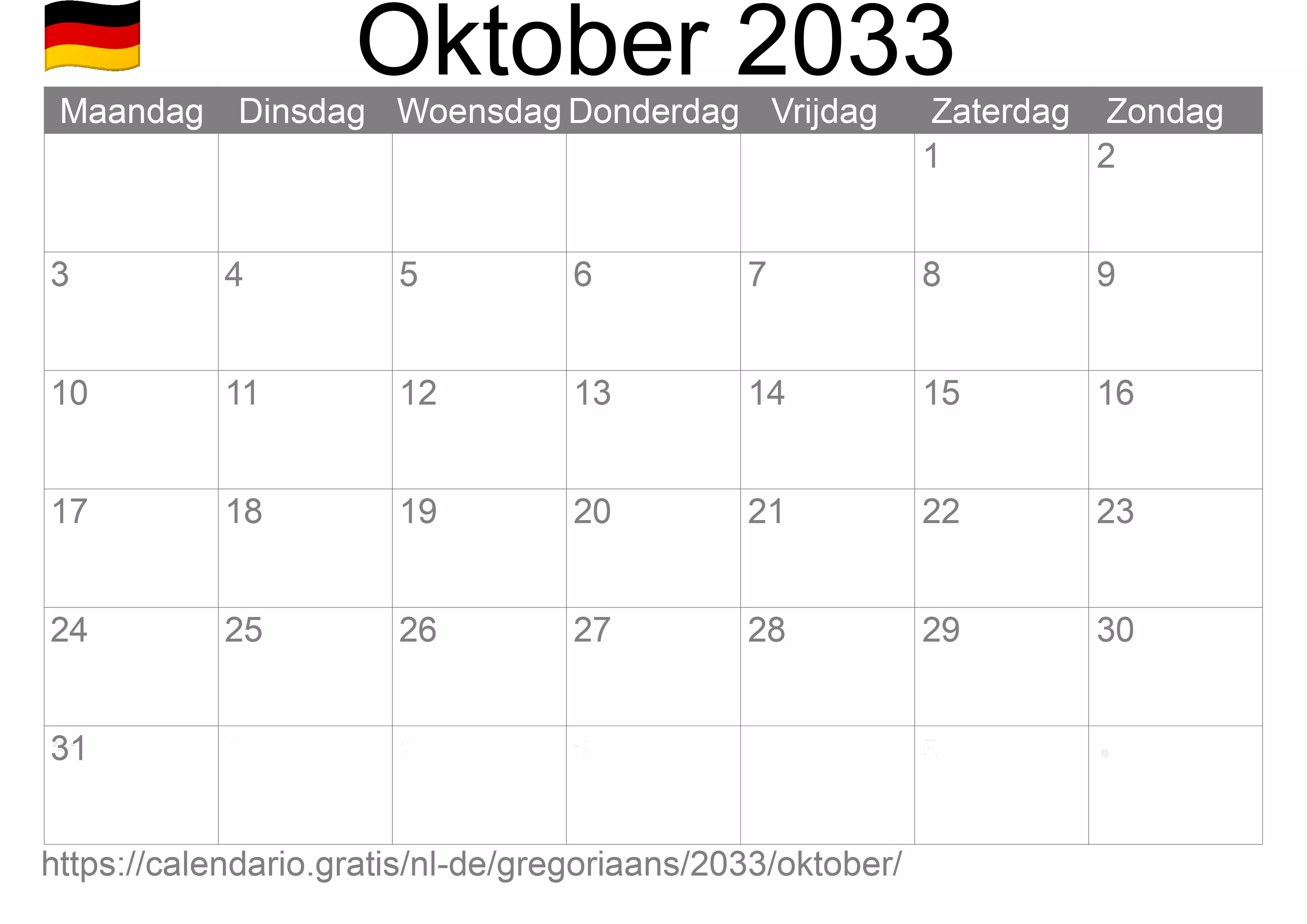 Kalender Oktober 2033 om af te drukken (Duitsland)