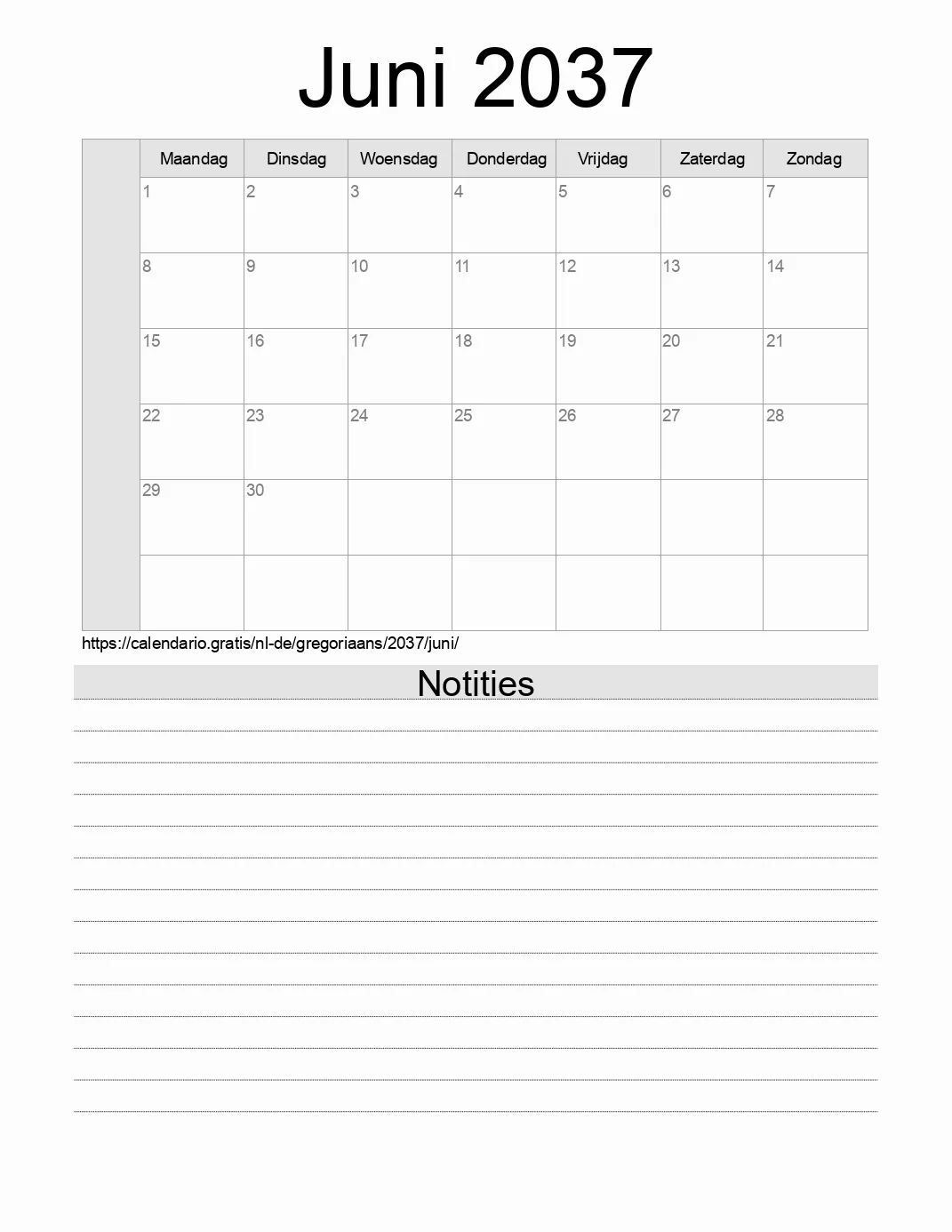 Kalender voor Juni 2037 om af te drukken met notities. (Duitsland)